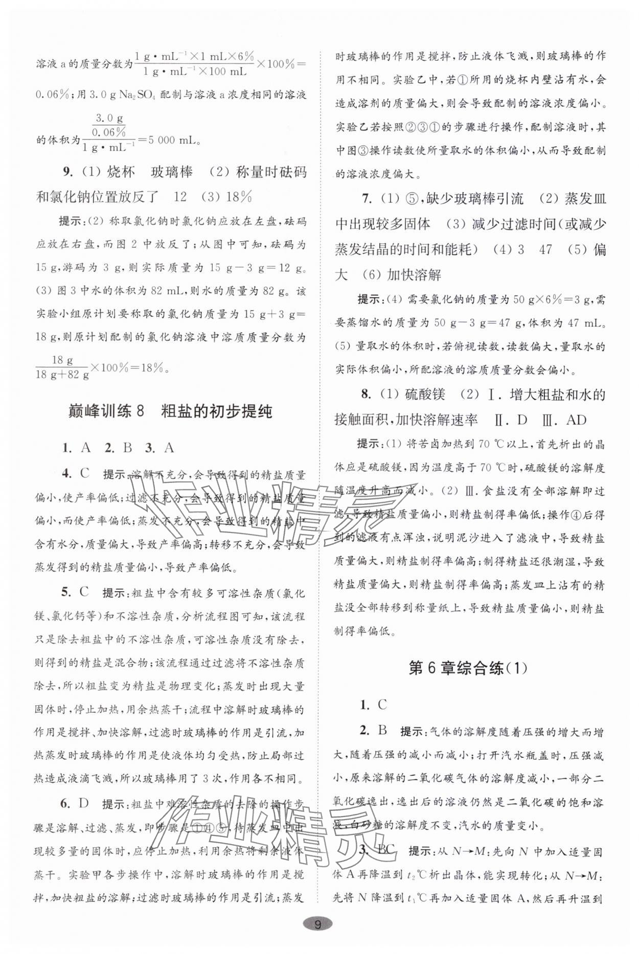 2024年初中化学小题狂做九年级下册沪教版巅峰版 参考答案第9页