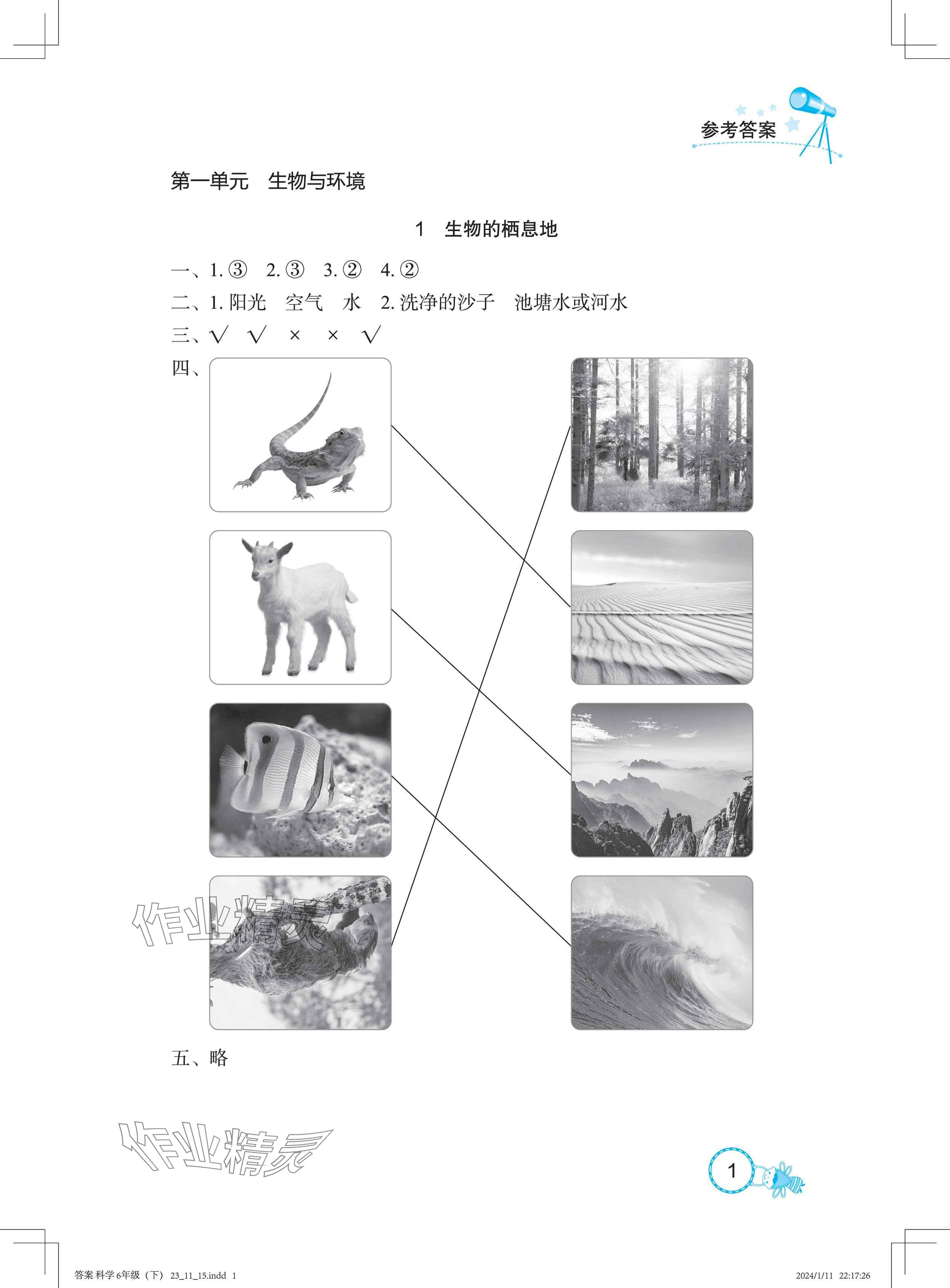 2025年長江作業本課堂作業六年級科學下冊鄂教版 參考答案第1頁