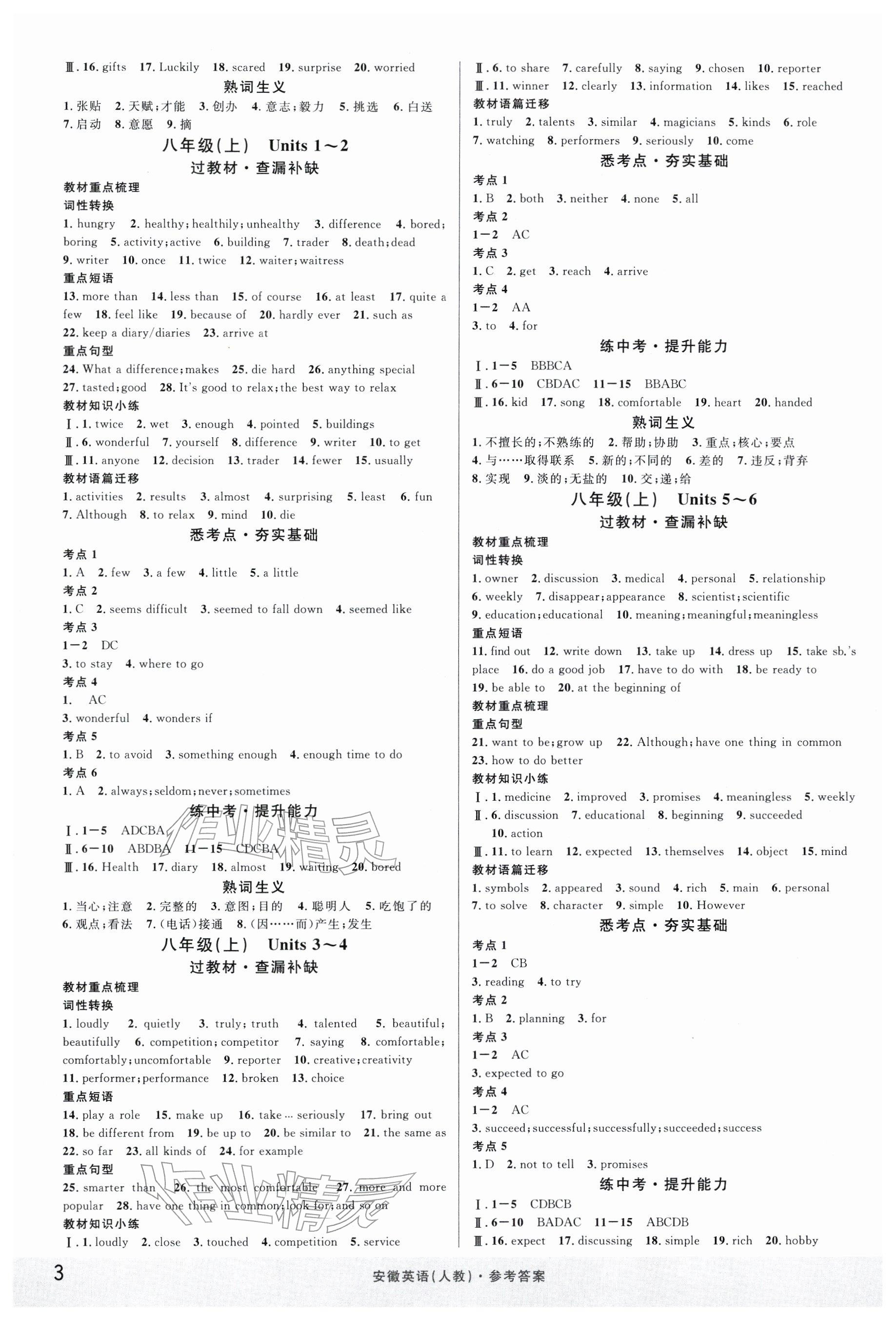 2026年名校课堂中考总复习英语安徽专版 参考答案第3页