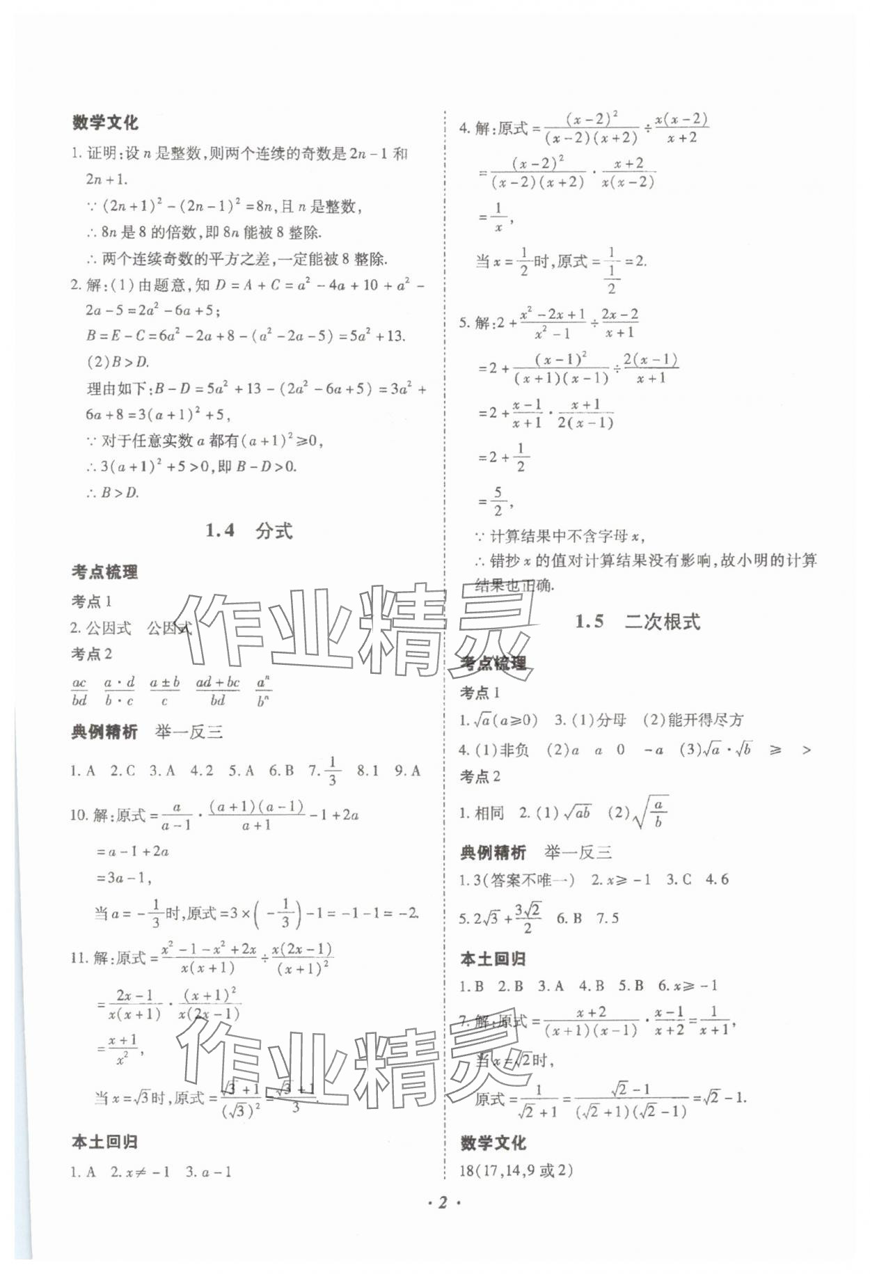 2024年本土攻略精准复习方案数学中考云南专版 参考答案第2页