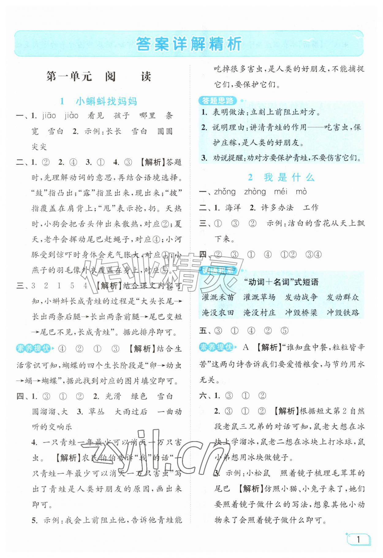 2026年亮点给力提优班二年级语文上册人教版&nbsp;参考答案第1页