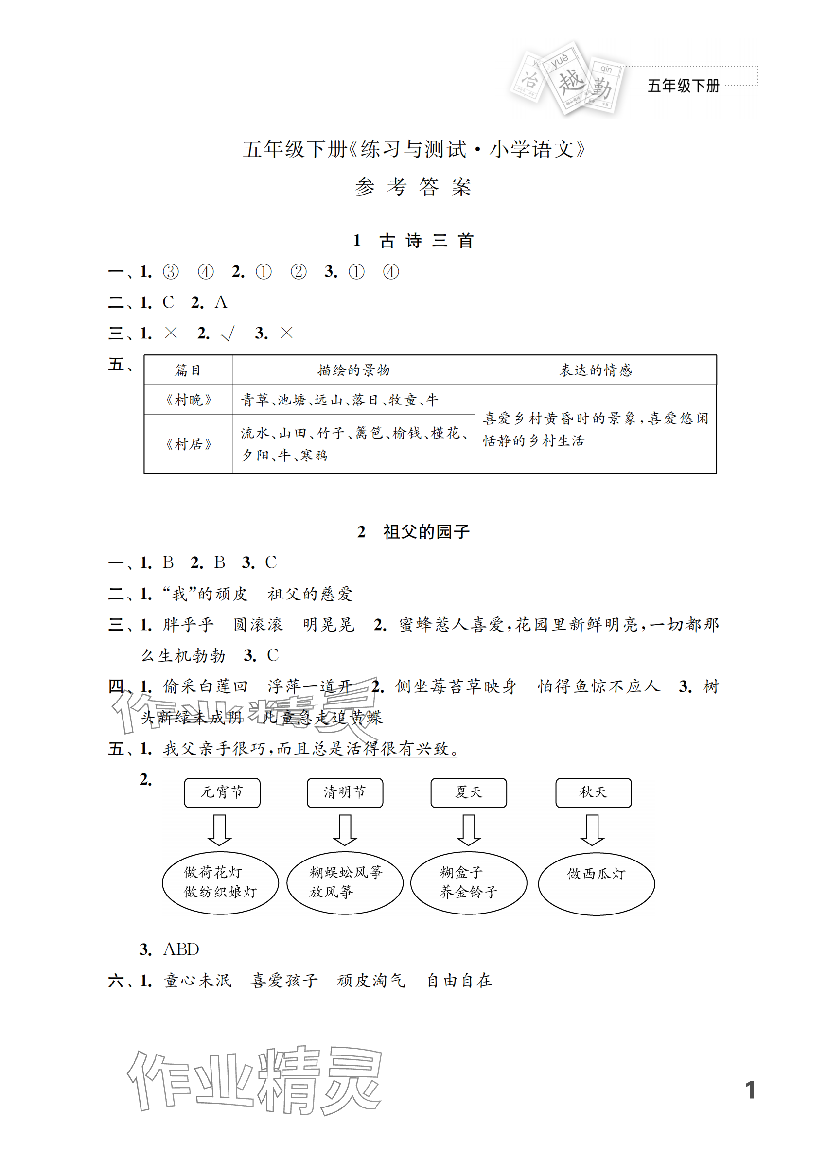 2024年練習(xí)與測試五年級語文下冊人教版 參考答案第1頁