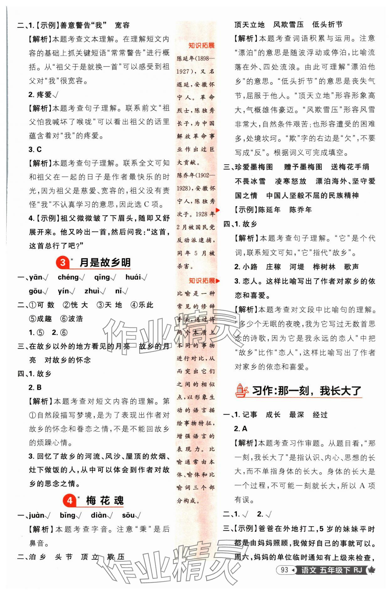 2025年小學(xué)必刷題五年級(jí)語文下冊(cè)人教版 參考答案第3頁(yè)