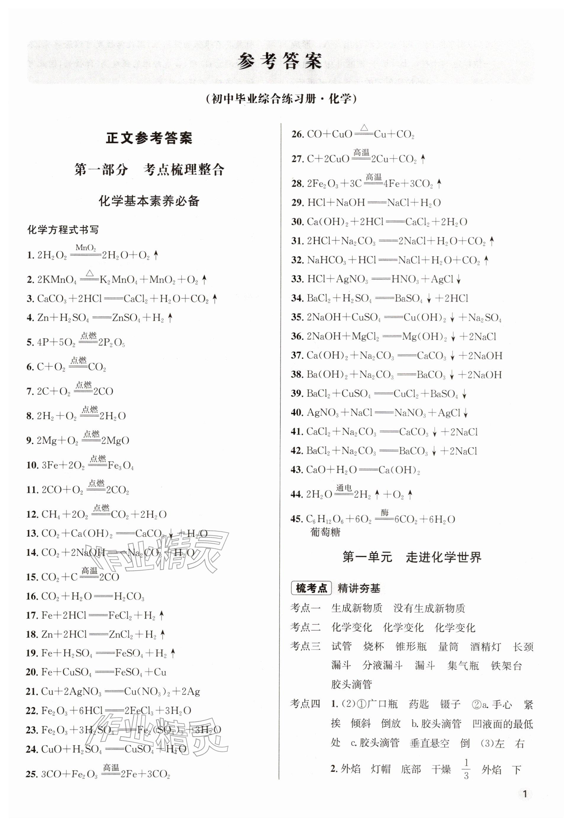 2026年初中畢業(yè)綜合練習(xí)冊(cè)化學(xué)&nbsp;參考答案第1頁(yè)