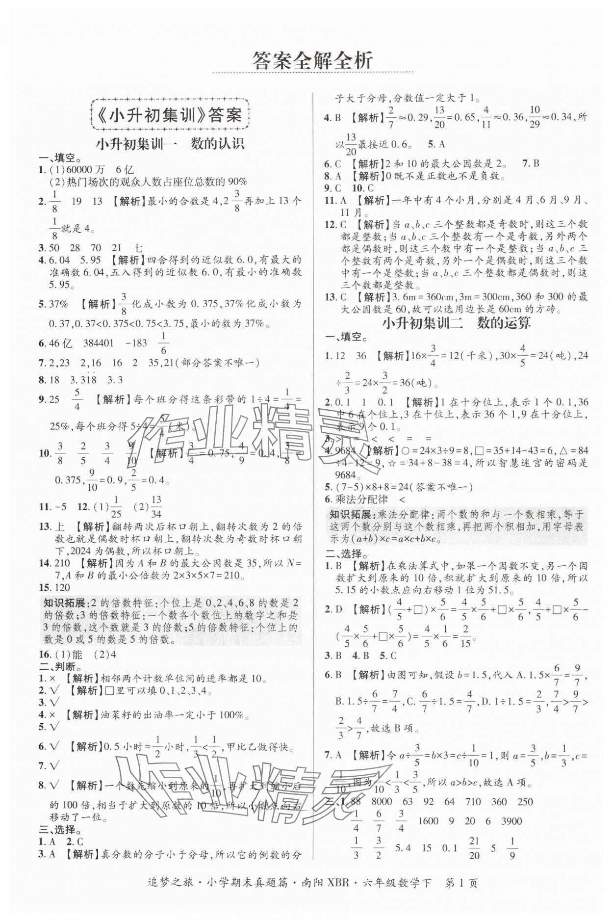 2024年追夢之旅小學期末真題篇六年級數(shù)學下冊人教版南陽專版 參考答案第1頁