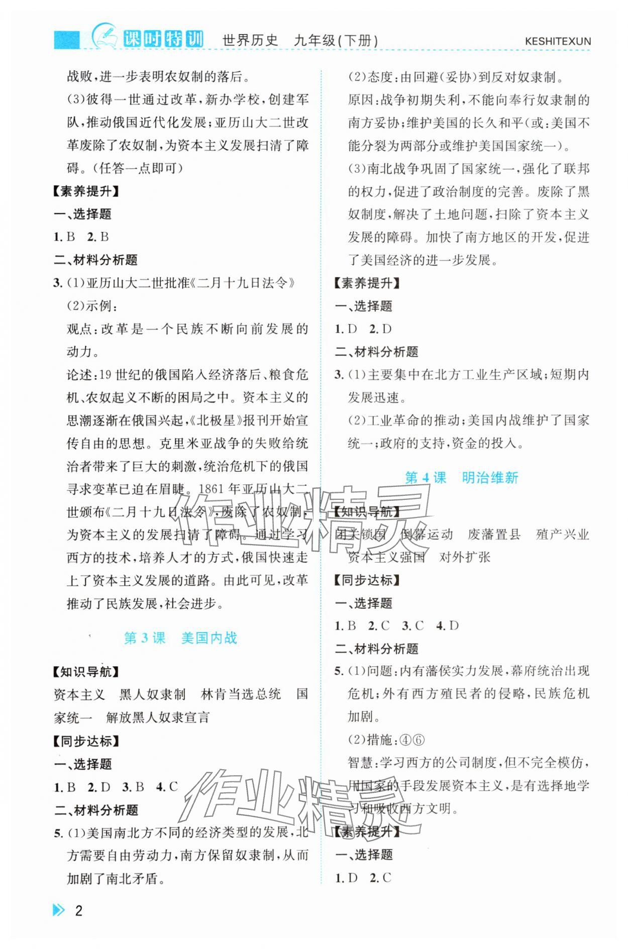 2025年课时特训九年级历史下册人教版 第2页