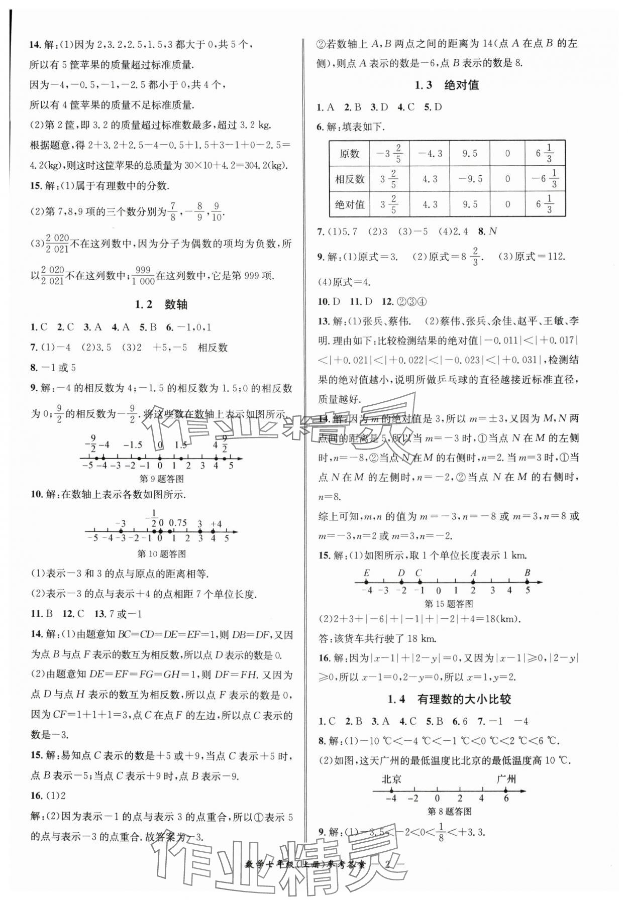 2024年名師金典BFB初中課時(shí)優(yōu)化七年級數(shù)學(xué)上冊浙教版 參考答案第2頁