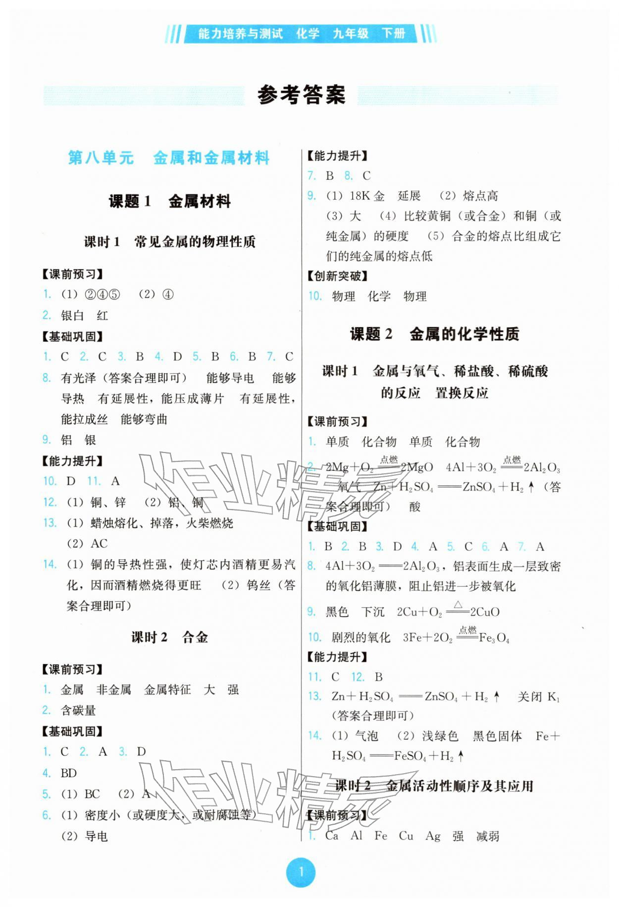 2026年能力培养与测试九年级化学下册人教版湖南专版&nbsp;第1页