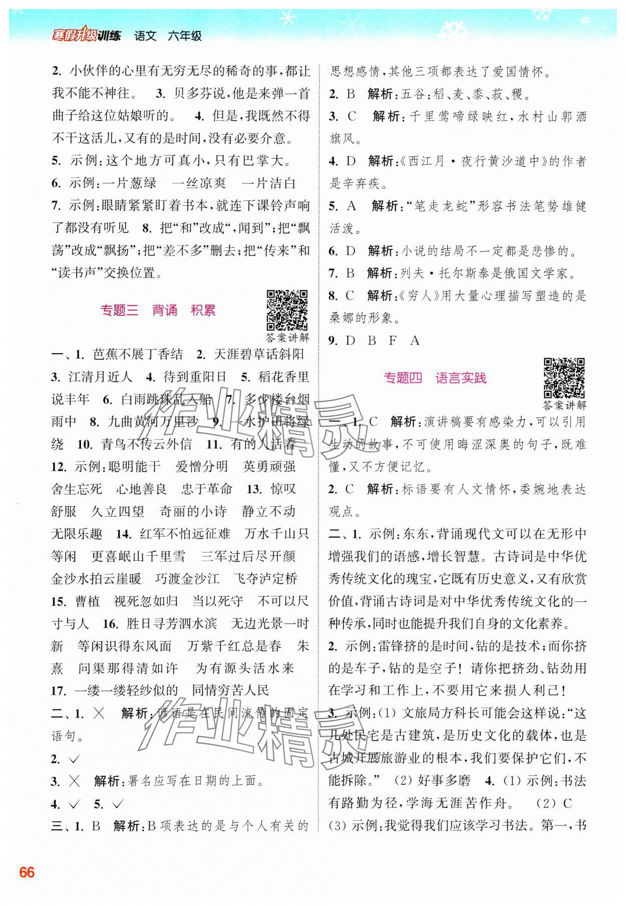 2025年寒假升級訓(xùn)練浙江教育出版社六年級語文人教版 參考答案第2頁