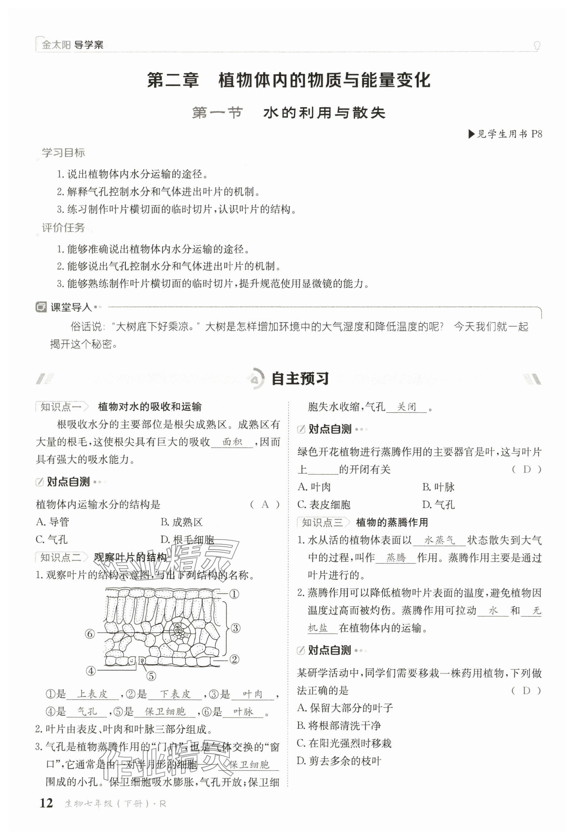 2025年金太陽(yáng)導(dǎo)學(xué)案七年級(jí)生物下冊(cè)人教版 參考答案第12頁(yè)