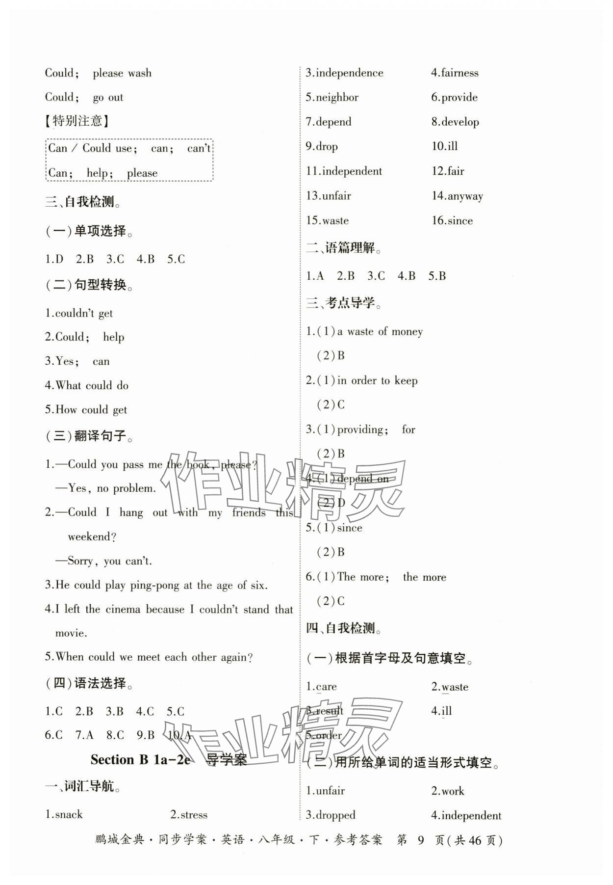 2025年名師幫同步學案八年級英語下冊人教版 參考答案第9頁