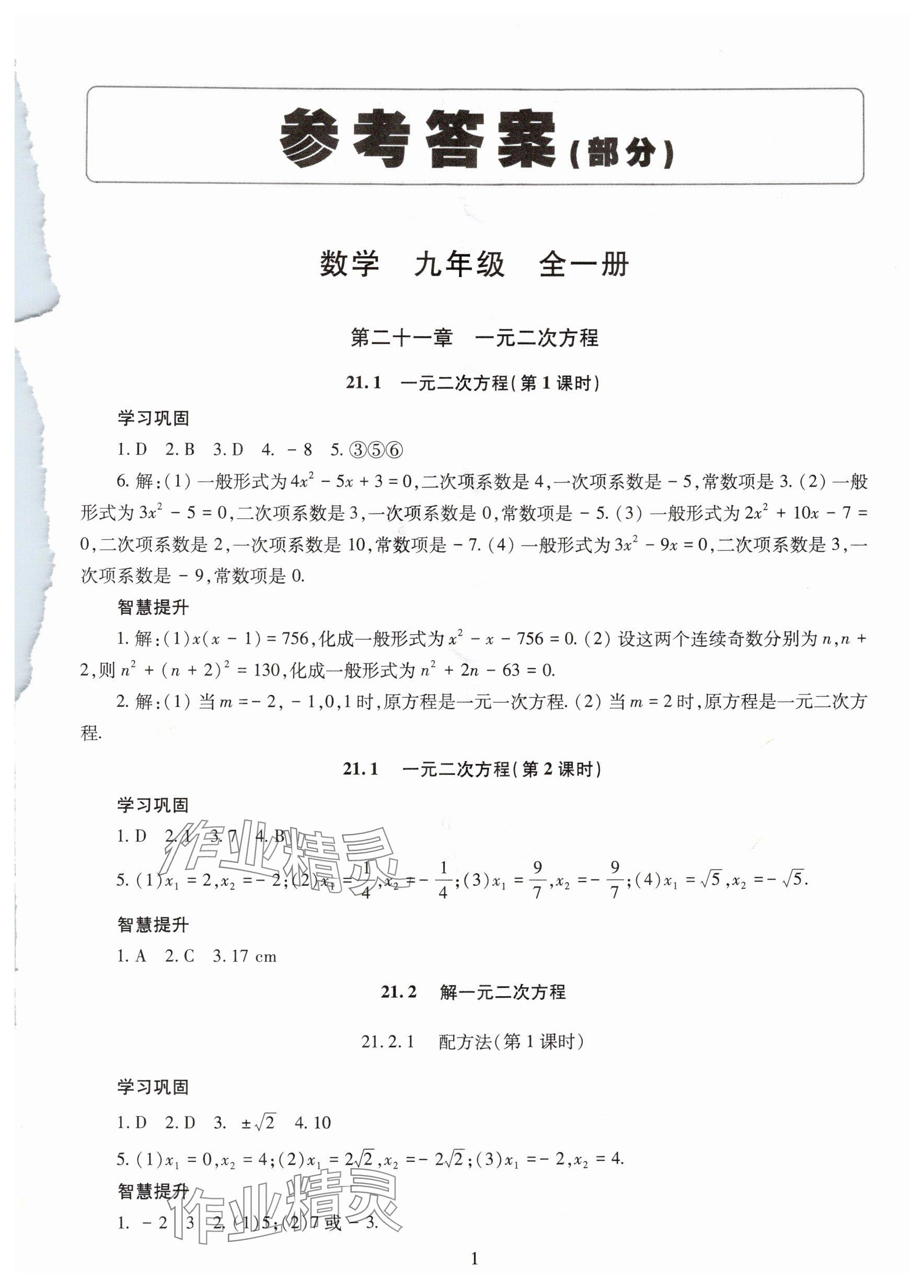 2025年智慧学习明天出版社九年级数学全一册人教版 参考答案第1页