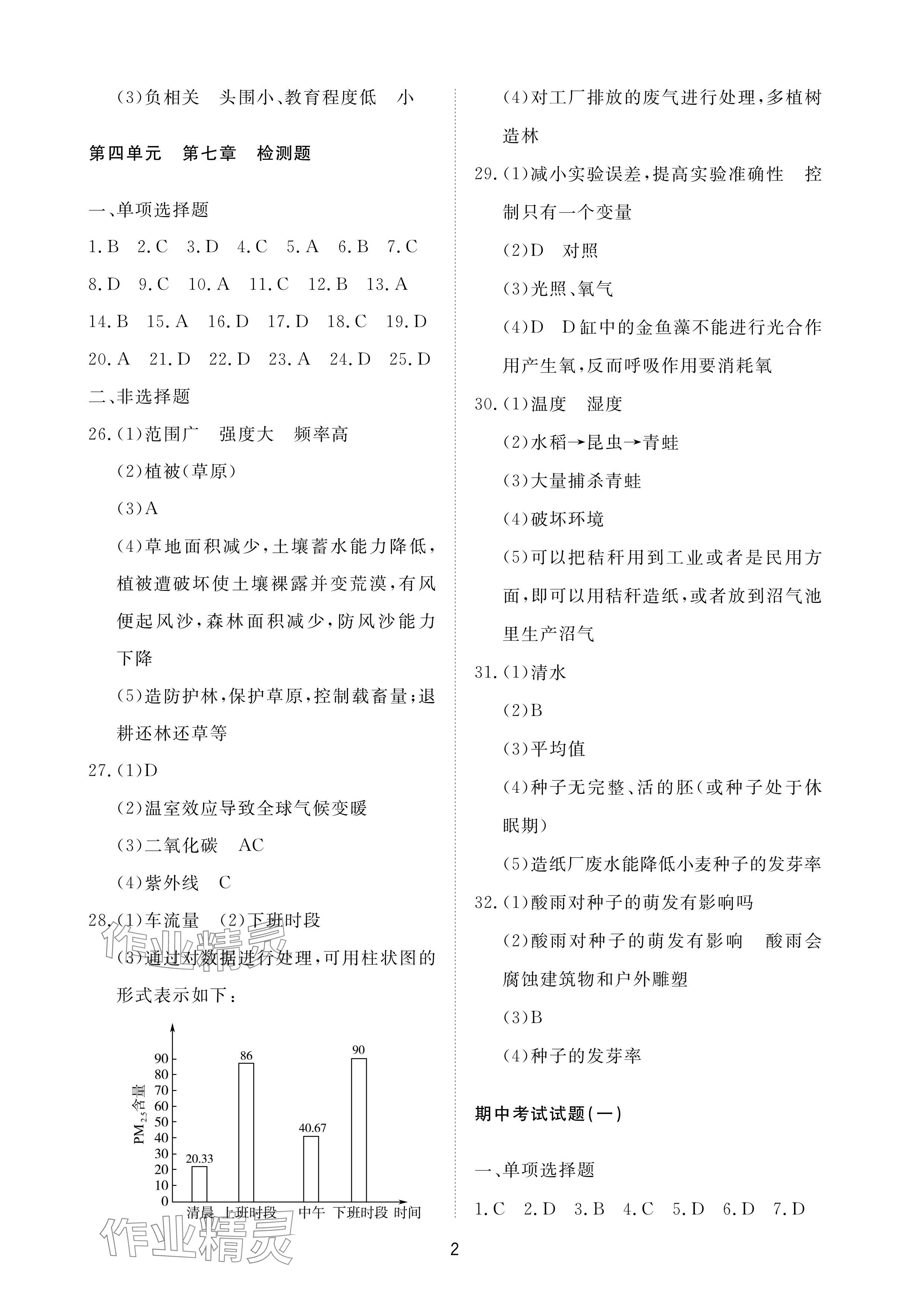 2024年同步練習(xí)冊配套檢測卷七年級(jí)生物下冊魯科版煙臺(tái)專版54制 參考答案第2頁