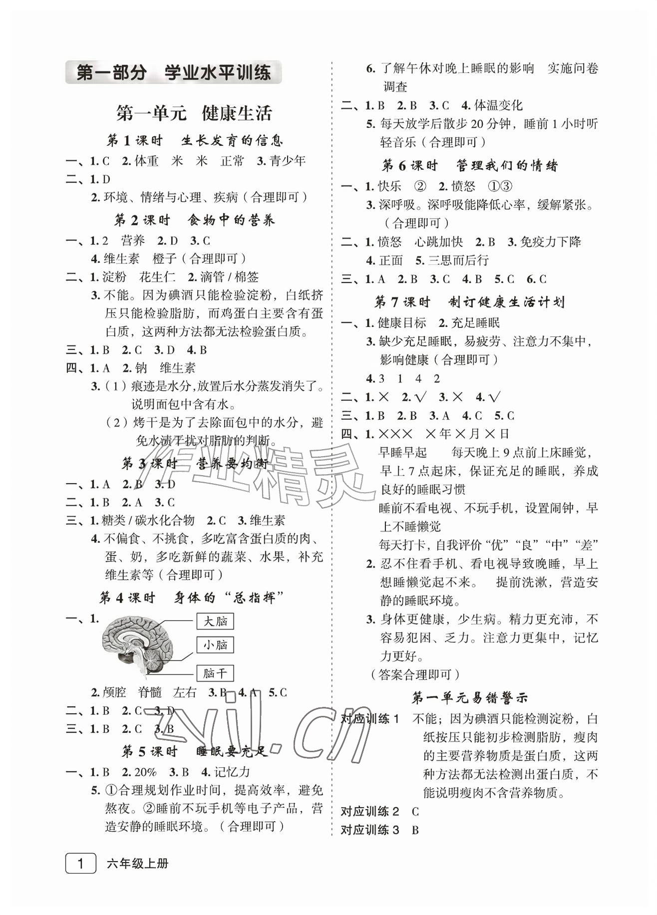 2026年名师面对面先学后练六年级科学上册教科版评议教辅&nbsp;参考答案第1页