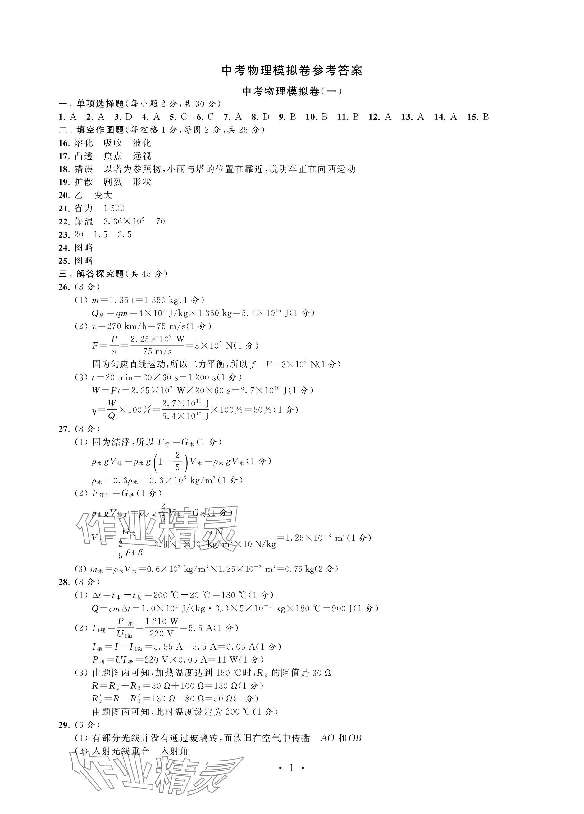2024年中考物理模拟卷 参考答案第1页