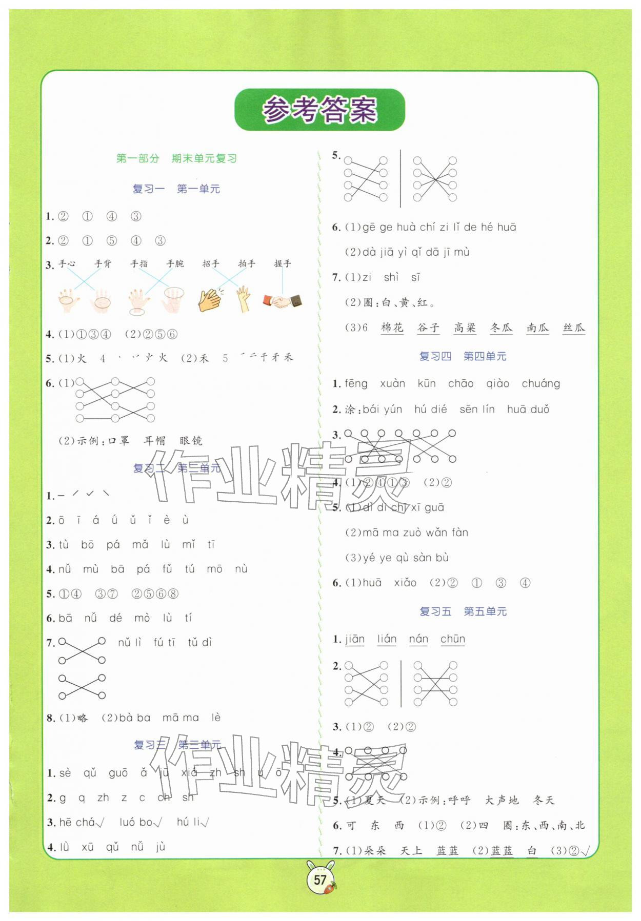 2026年狀元課堂寒假銜接復習計劃一年級語文&nbsp;參考答案第1頁