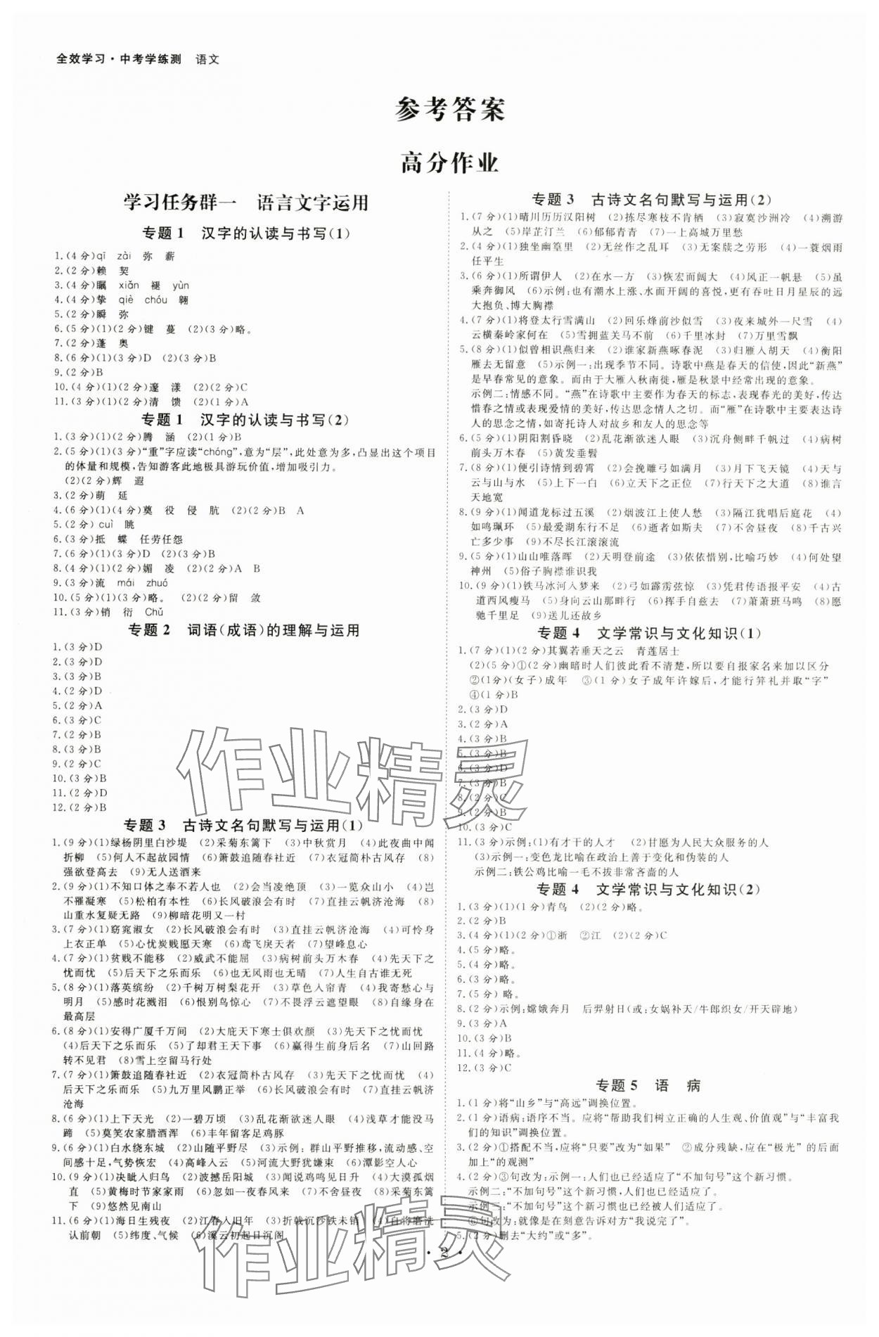 2025年全效学习中考学练测语文中考浙江专版 参考答案第1页