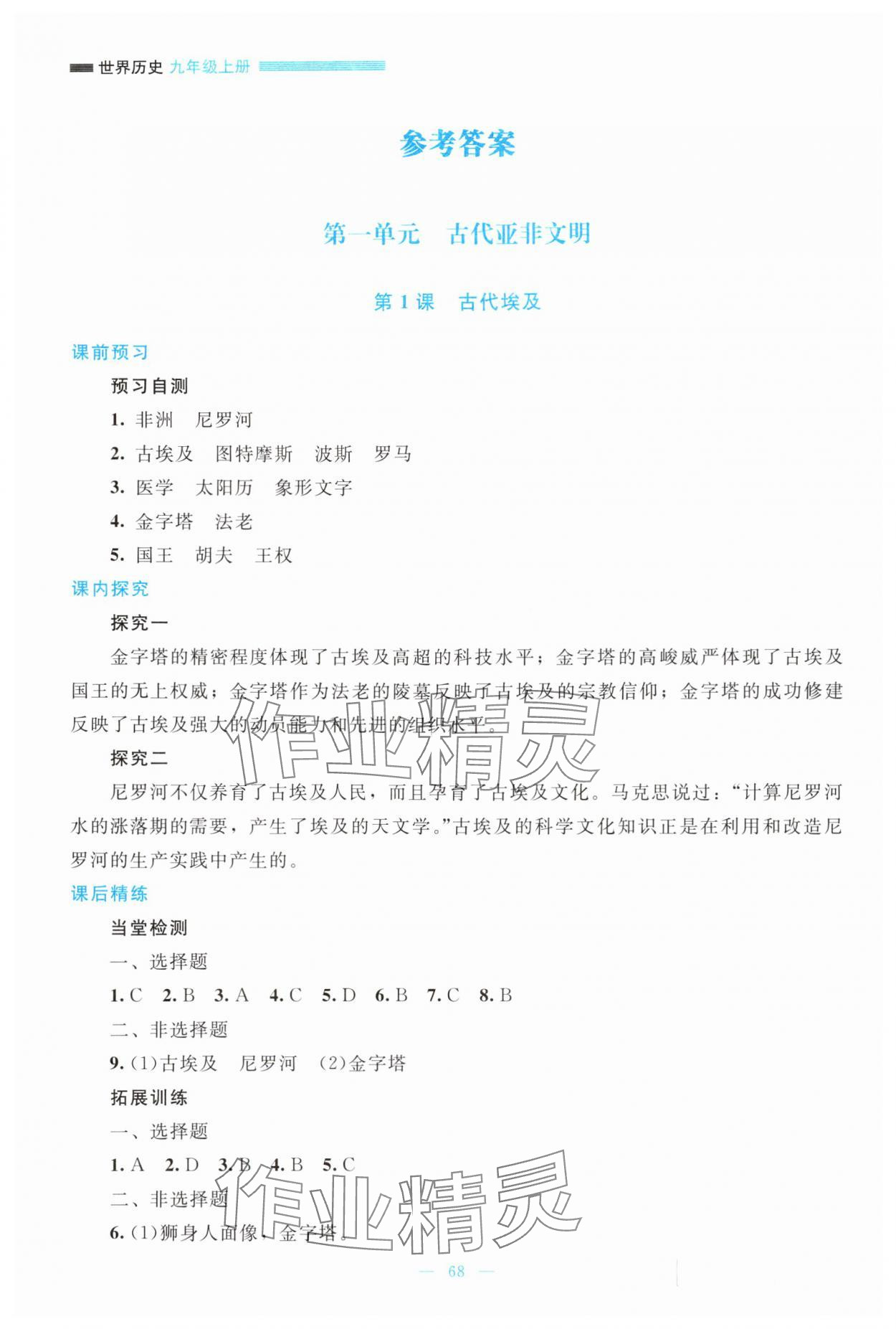 2025年课堂精练九年级历史上册人教版大庆专版 参考答案第1页