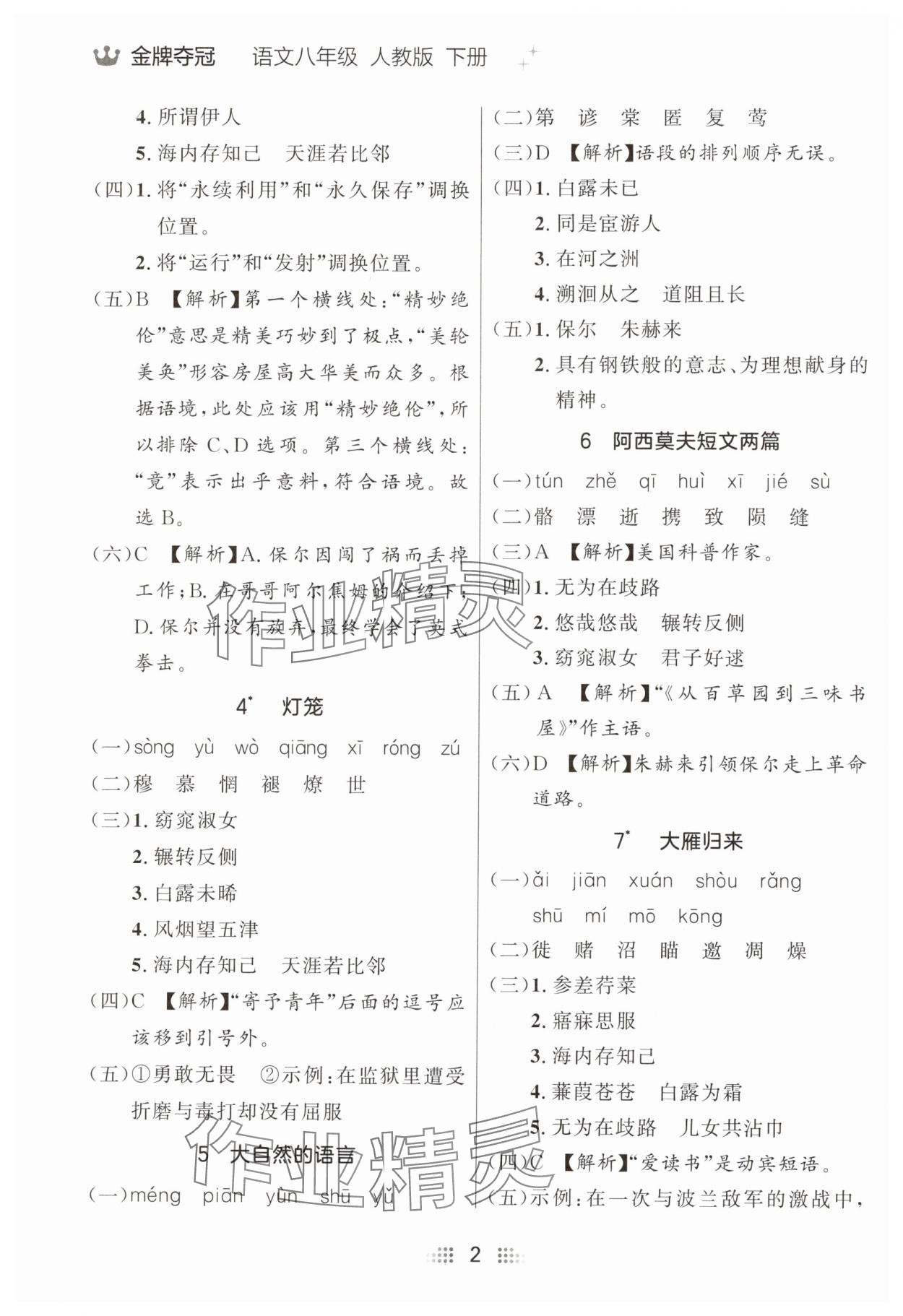 2025年點(diǎn)石成金金牌奪冠八年級語文下冊人教版遼寧專版 參考答案第2頁