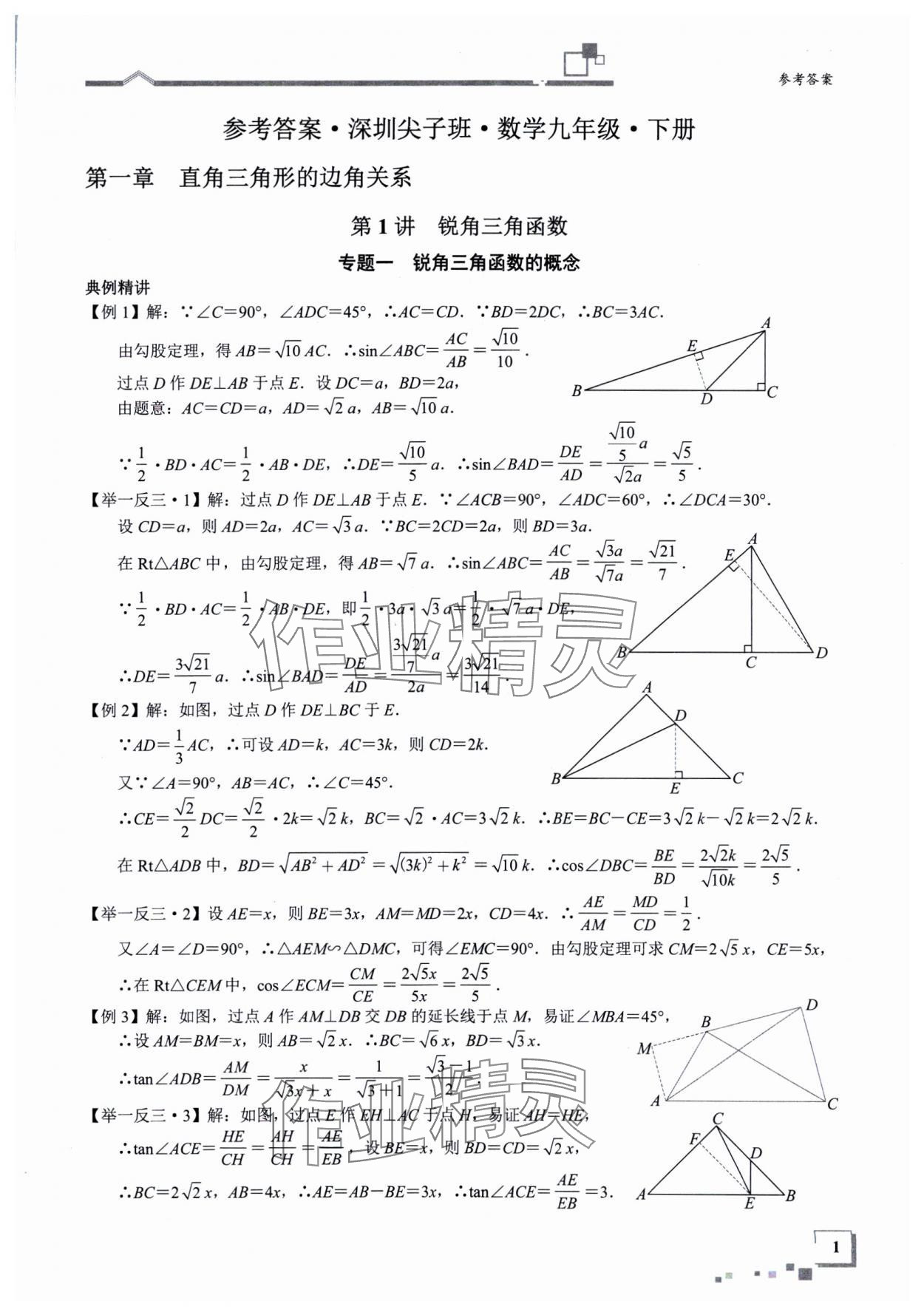 2025年優(yōu)藍(lán)數(shù)學(xué)深圳尖子班九年級(jí)數(shù)學(xué)下冊(cè)北師大版深圳專版 參考答案第1頁(yè)