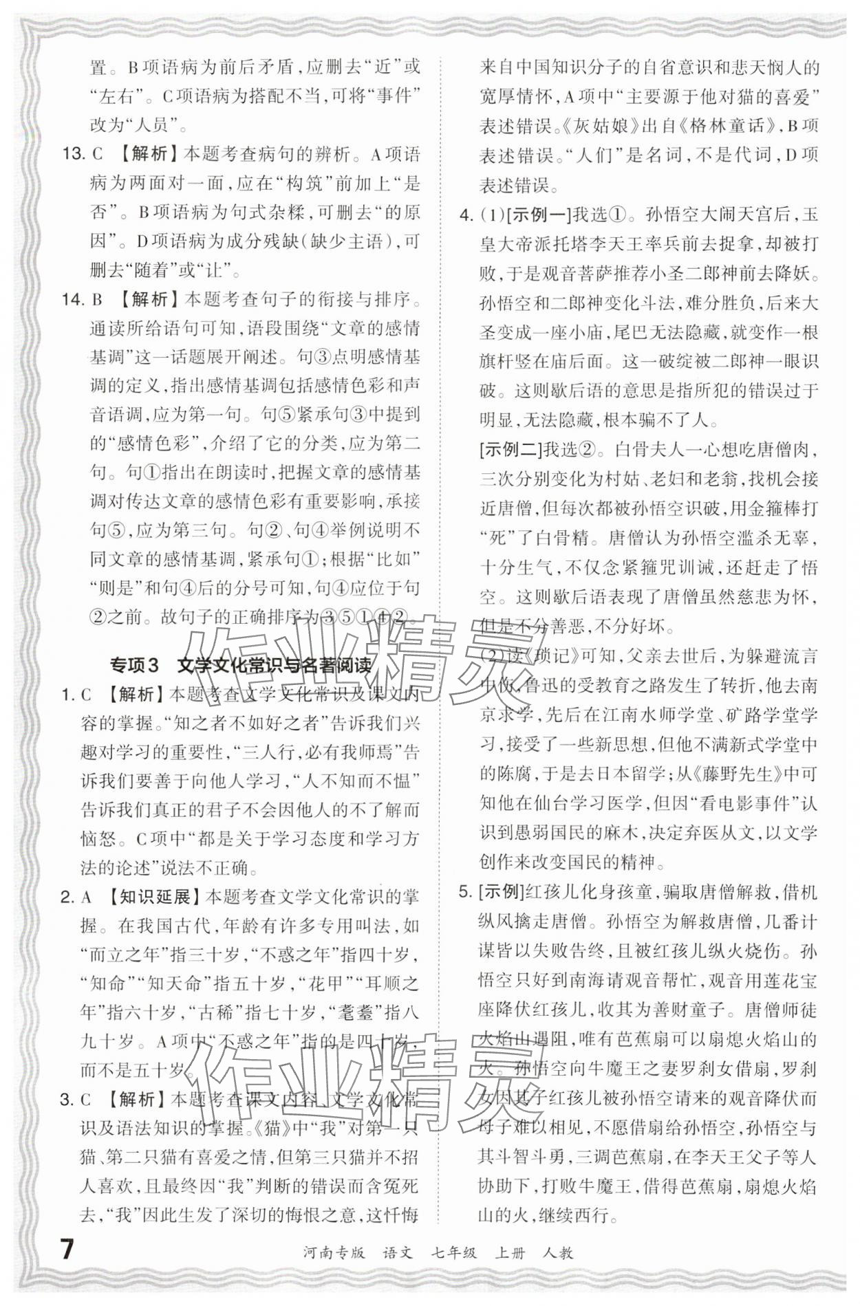 2023年王朝霞各地期末试卷精选七年级语文上册人教版河南专版 参考答案第7页