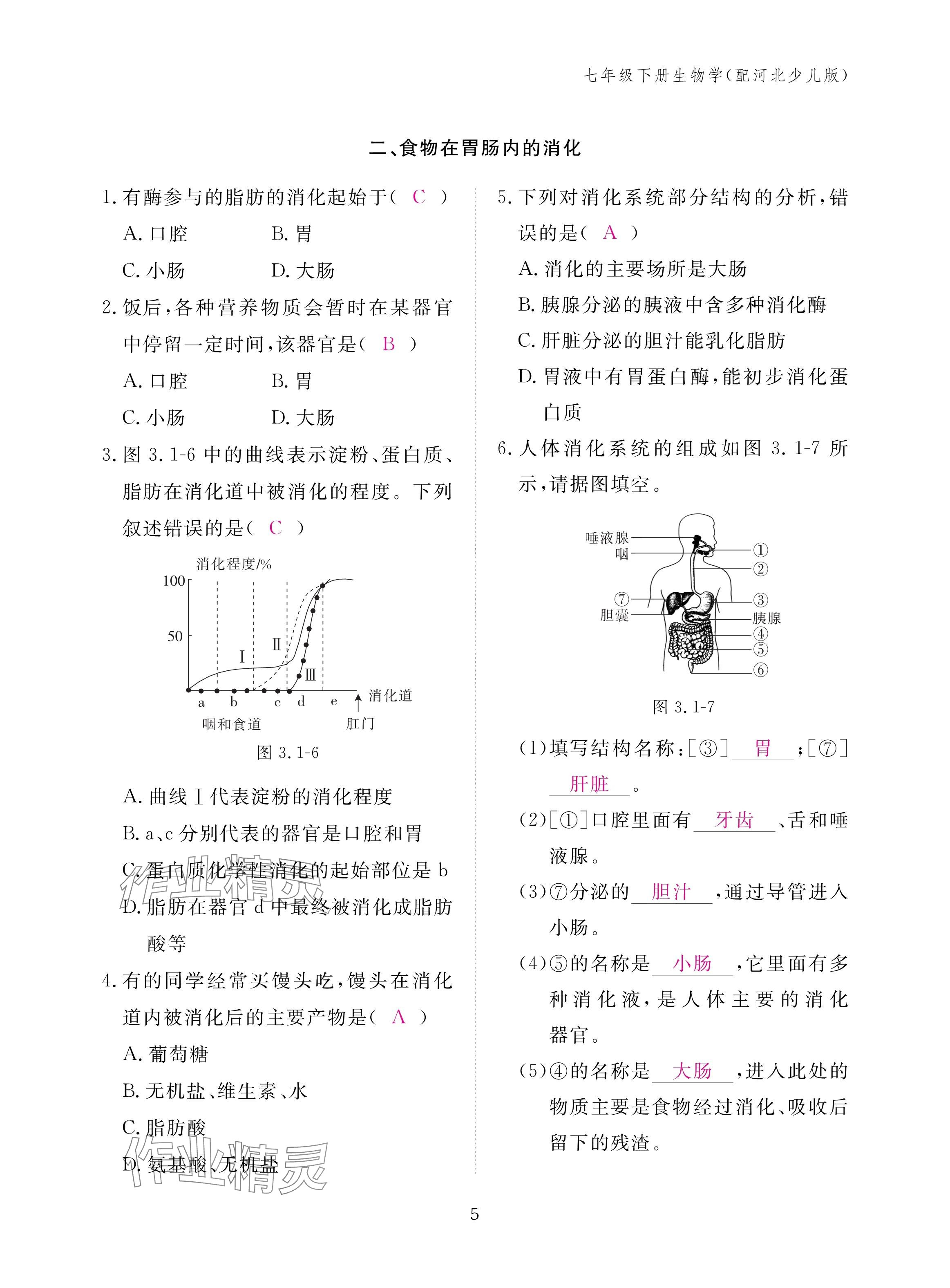 2025年作業(yè)本江西教育出版社七年級生物下冊冀少版 參考答案第5頁