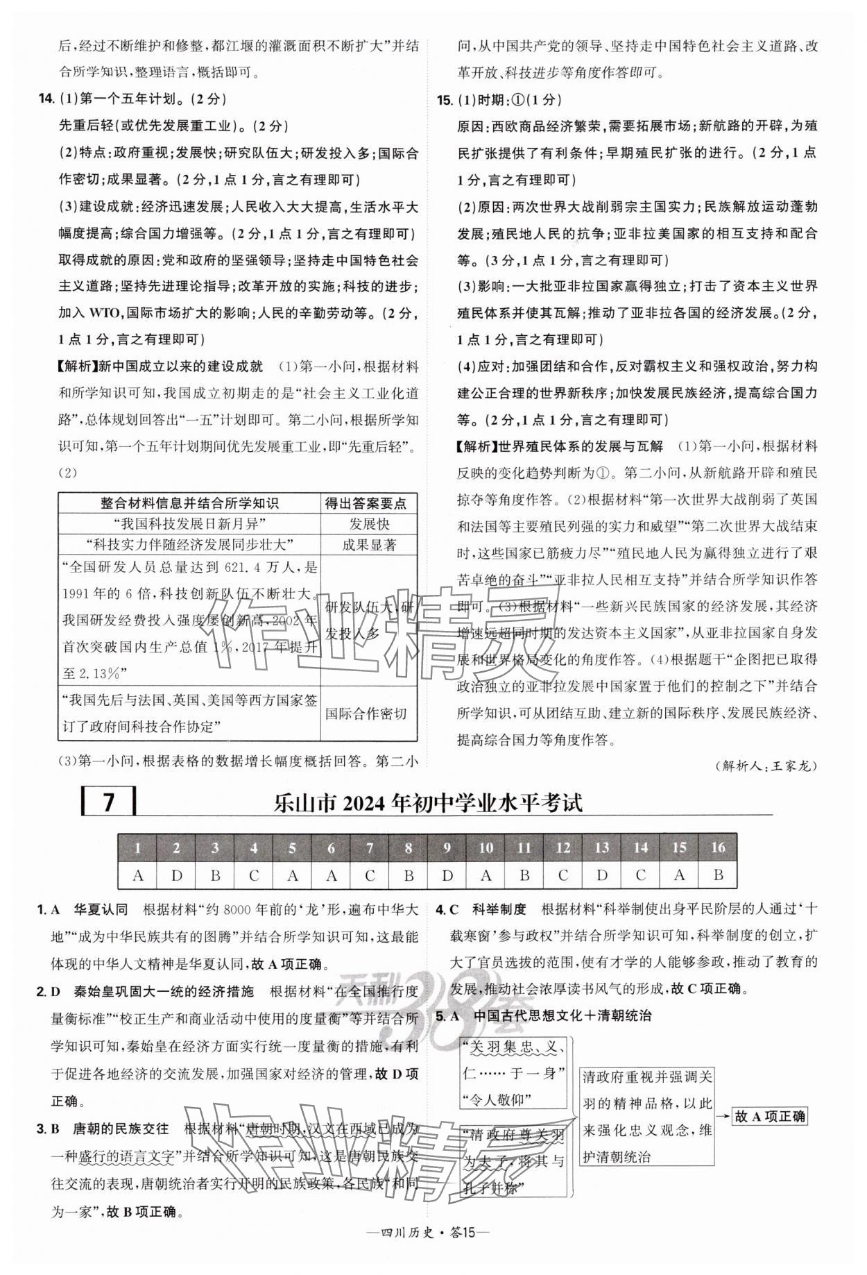 2025年天利38套中考試題精選歷史四川專版 參考答案第15頁