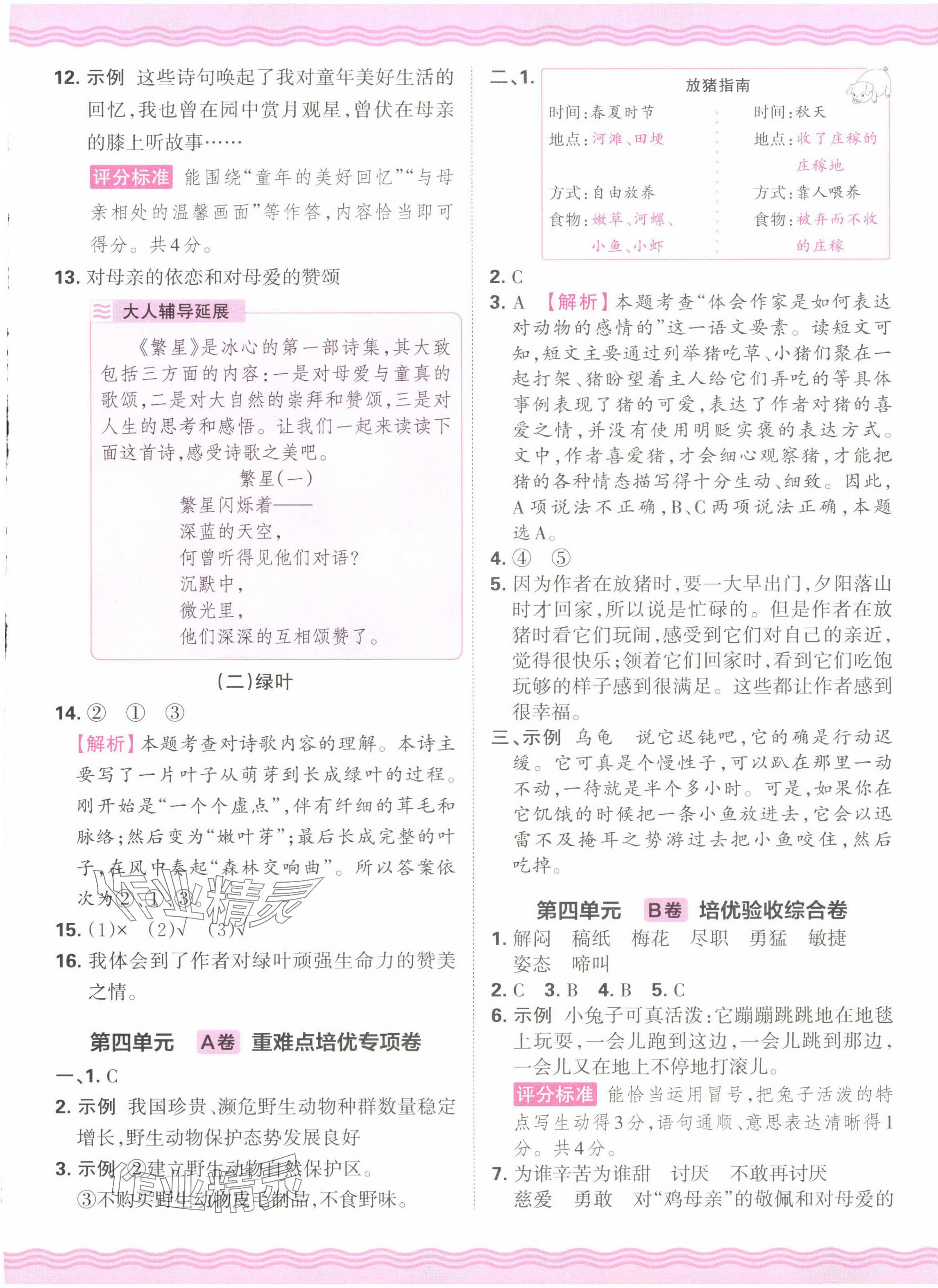 2025年王朝霞培优100分四年级语文下册人教版 参考答案第5页