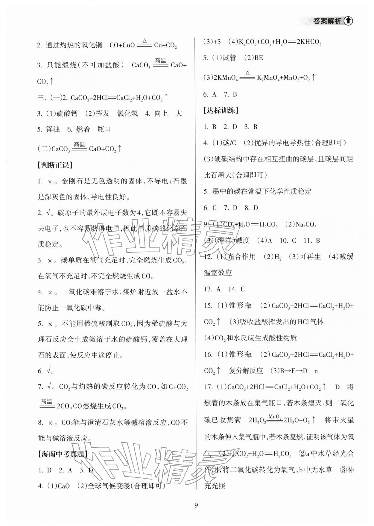 2026年海南中学中考总复习化学人教版&nbsp;参考答案第9页