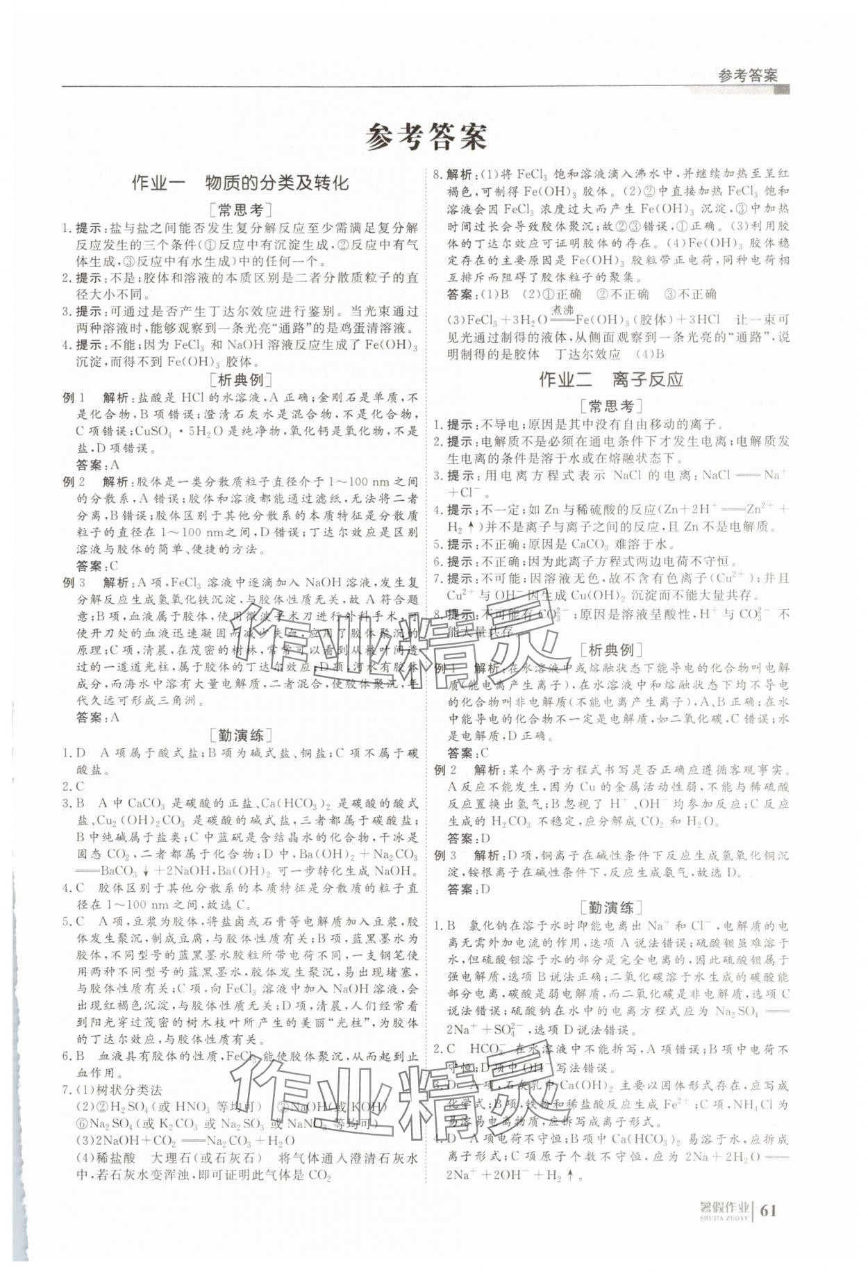 2025年暑假作业明天出版社高一化学 第1页