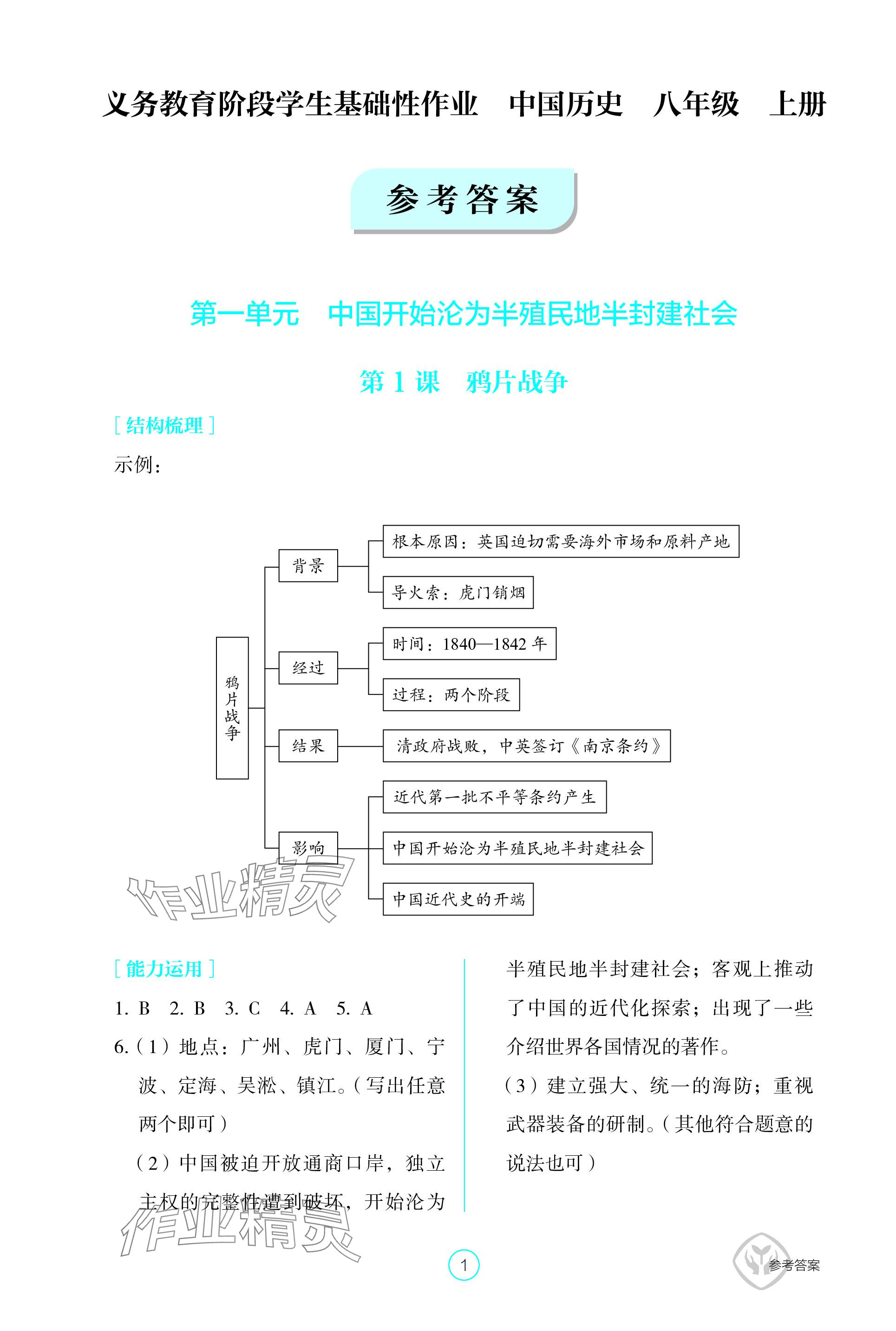 2023年學生基礎性作業(yè)八年級歷史上冊人教版 參考答案第1頁