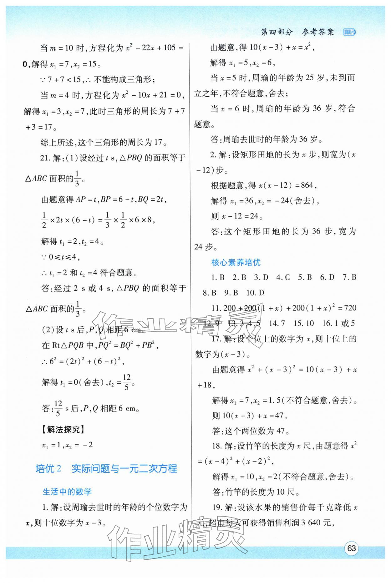 2026年寒假作业与生活陕西师范大学出版总社九年级数学人教版&nbsp;参考答案第2页