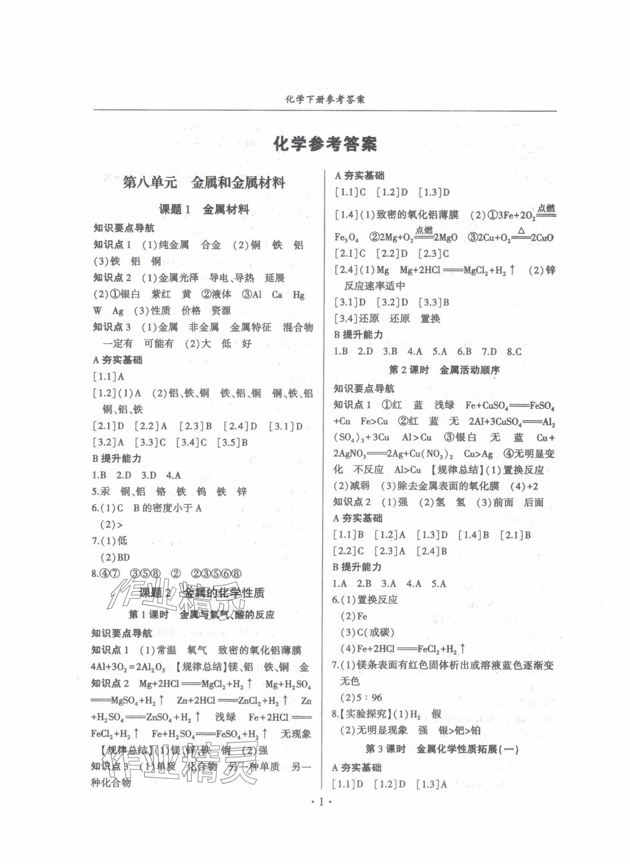 2025年金榜秘笈名校作业本九年级化学下册人教版 第1页
