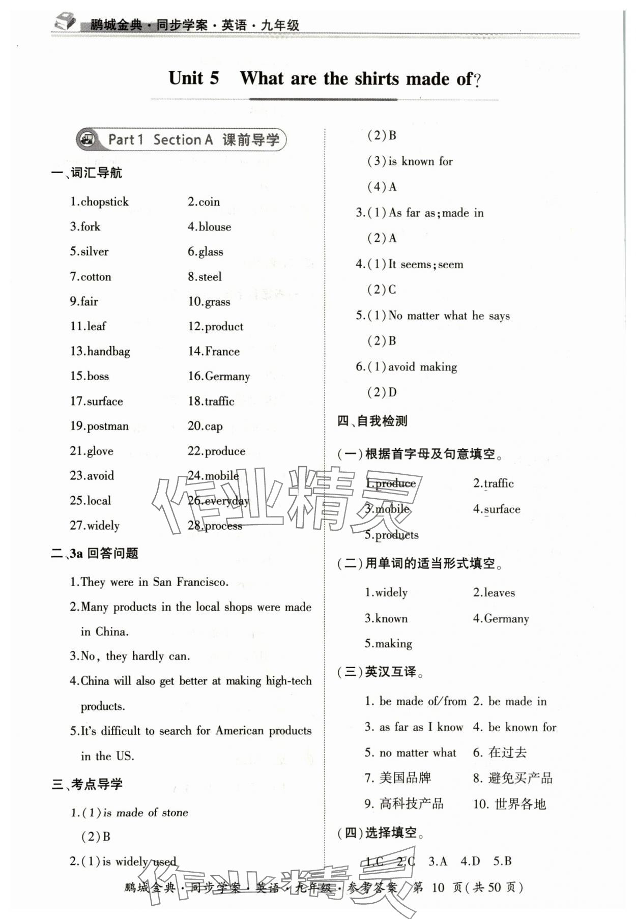 2024年名師幫同步學(xué)案九年級(jí)英語(yǔ)全一冊(cè)人教版 參考答案第10頁(yè)