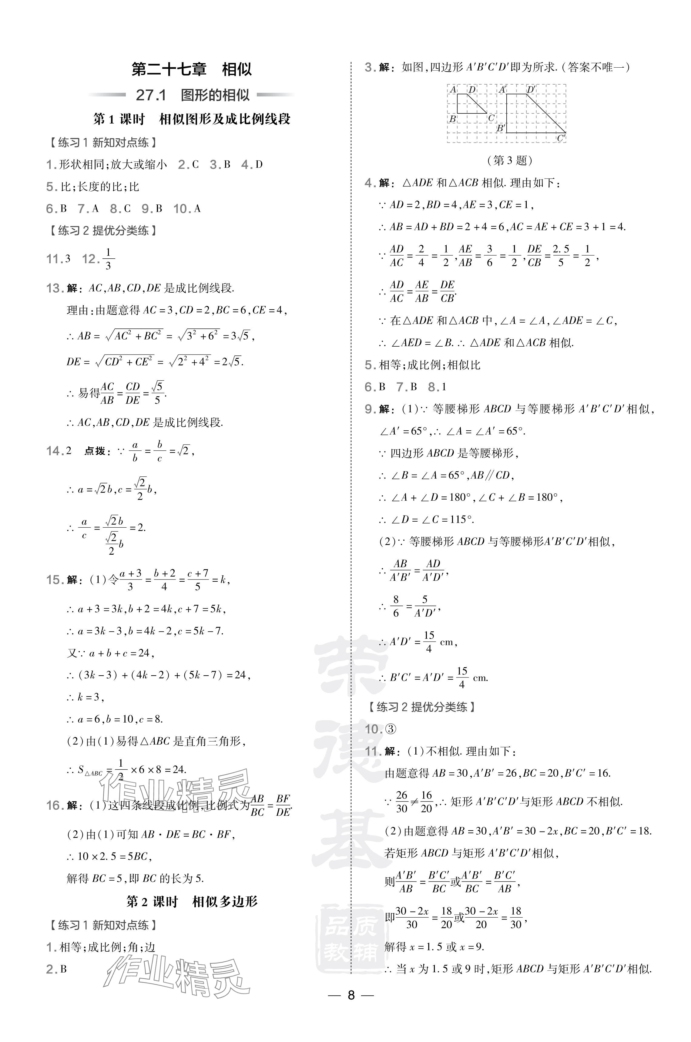 2024年點撥訓(xùn)練九年級數(shù)學(xué)下冊人教版遼寧專版 參考答案第8頁