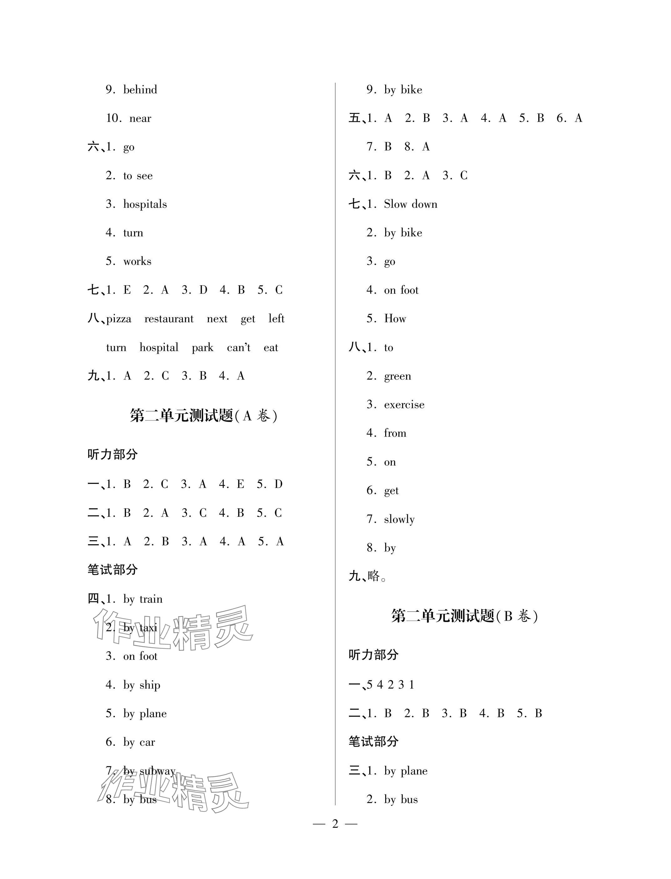 2025年单元自测试卷六年级英语上学期人教版 参考答案第2页