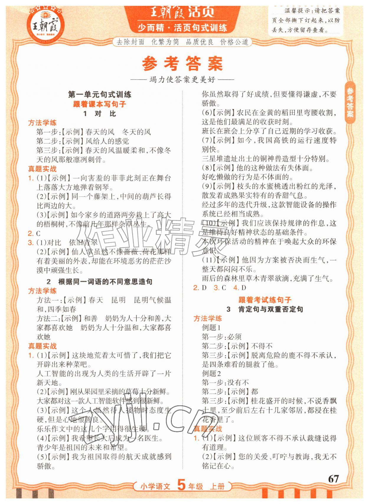2026年少而精活页句式训练五年级语文上册人教版&nbsp;参考答案第1页