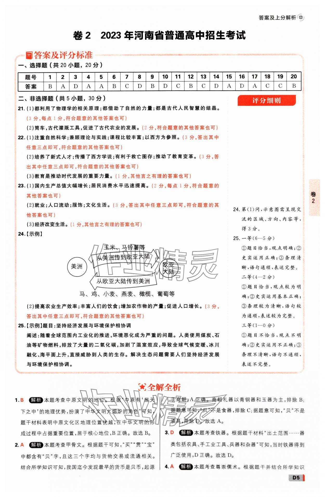 2025年中考必刷卷开明出版社历史河南专版&nbsp;参考答案第4页