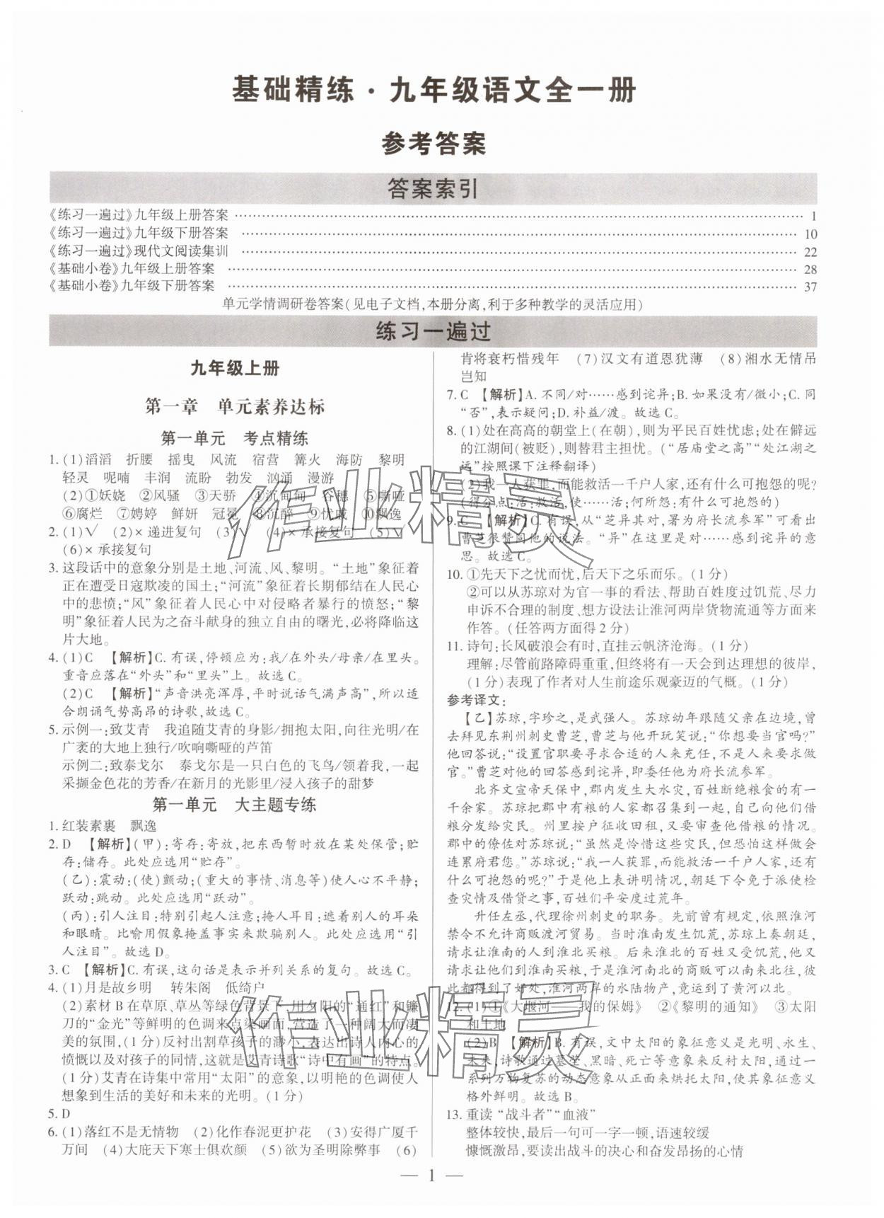 2024年基礎(chǔ)精練九年級語文全一冊人教版深圳專版 參考答案第1頁