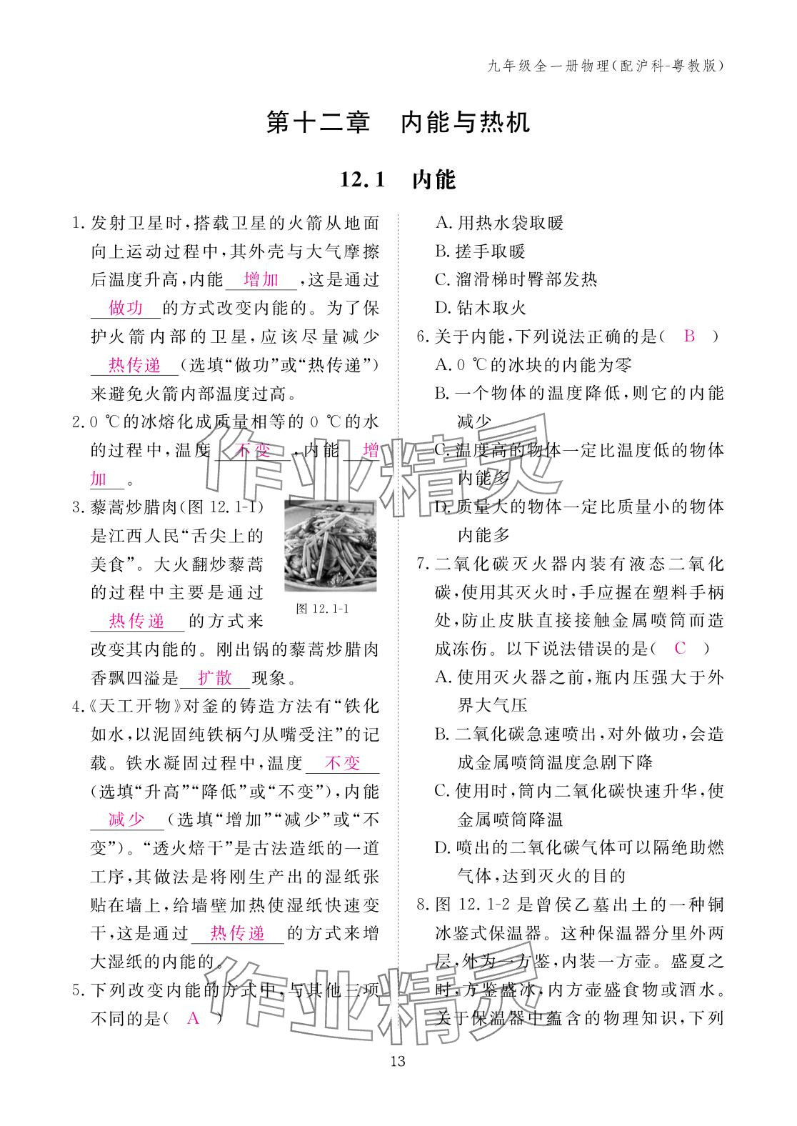 2025年作业本江西教育出版社九年级物理全一册沪粤版 参考答案第13页