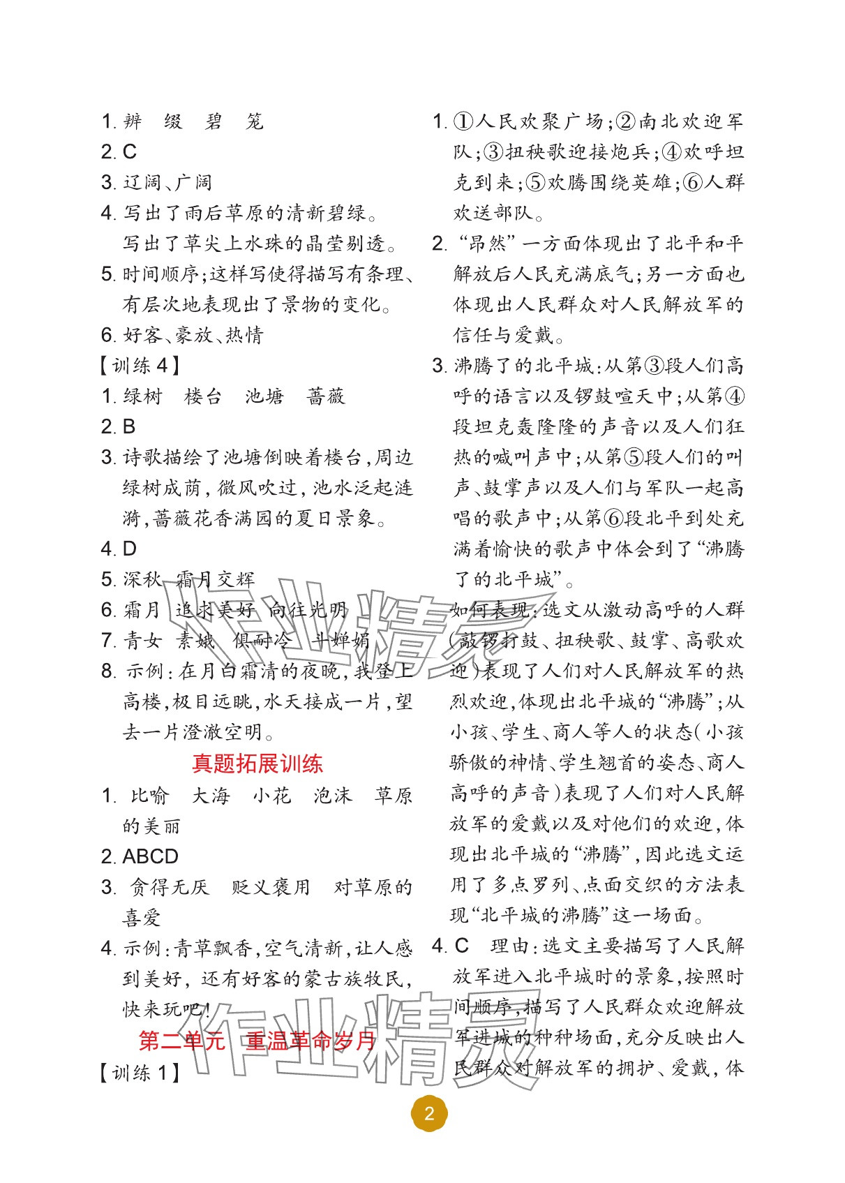 2025年阅读理解专项训练六年级语文上册人教版 参考答案第2页