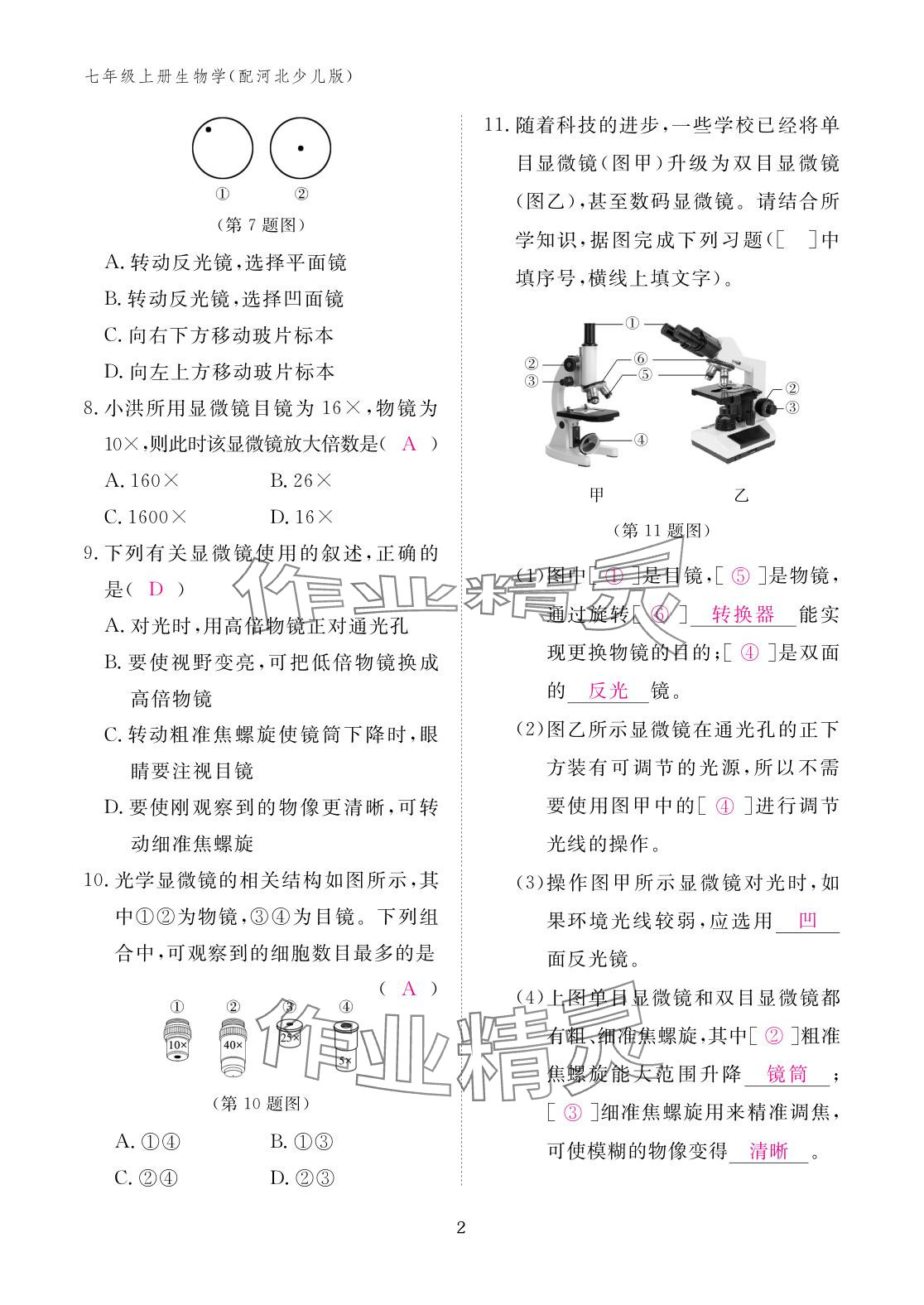 2025年作业本江西教育出版社七年级生物上册冀少版 参考答案第2页