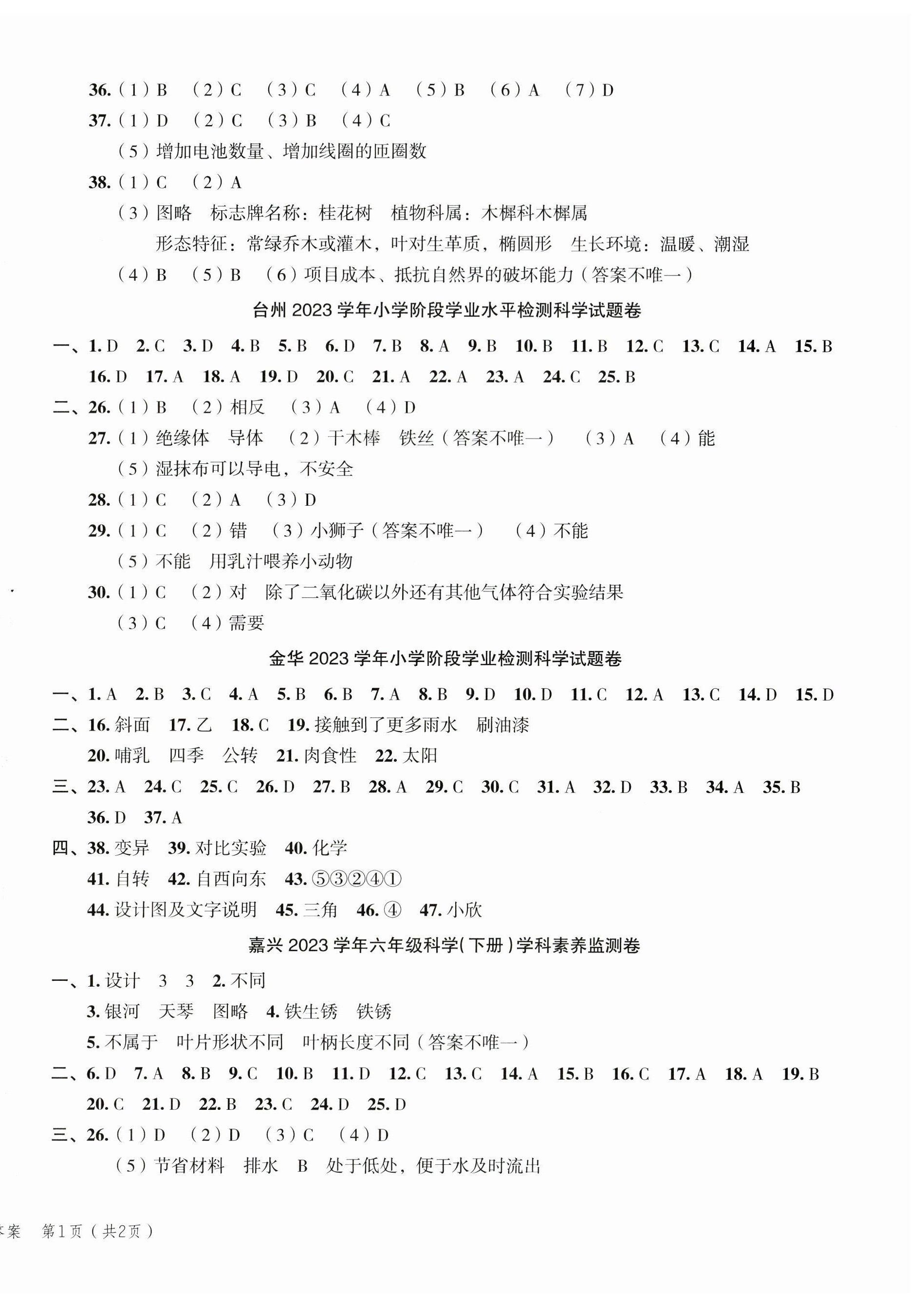 2024年名师面对面小考满分特训方案科学 参考答案第2页