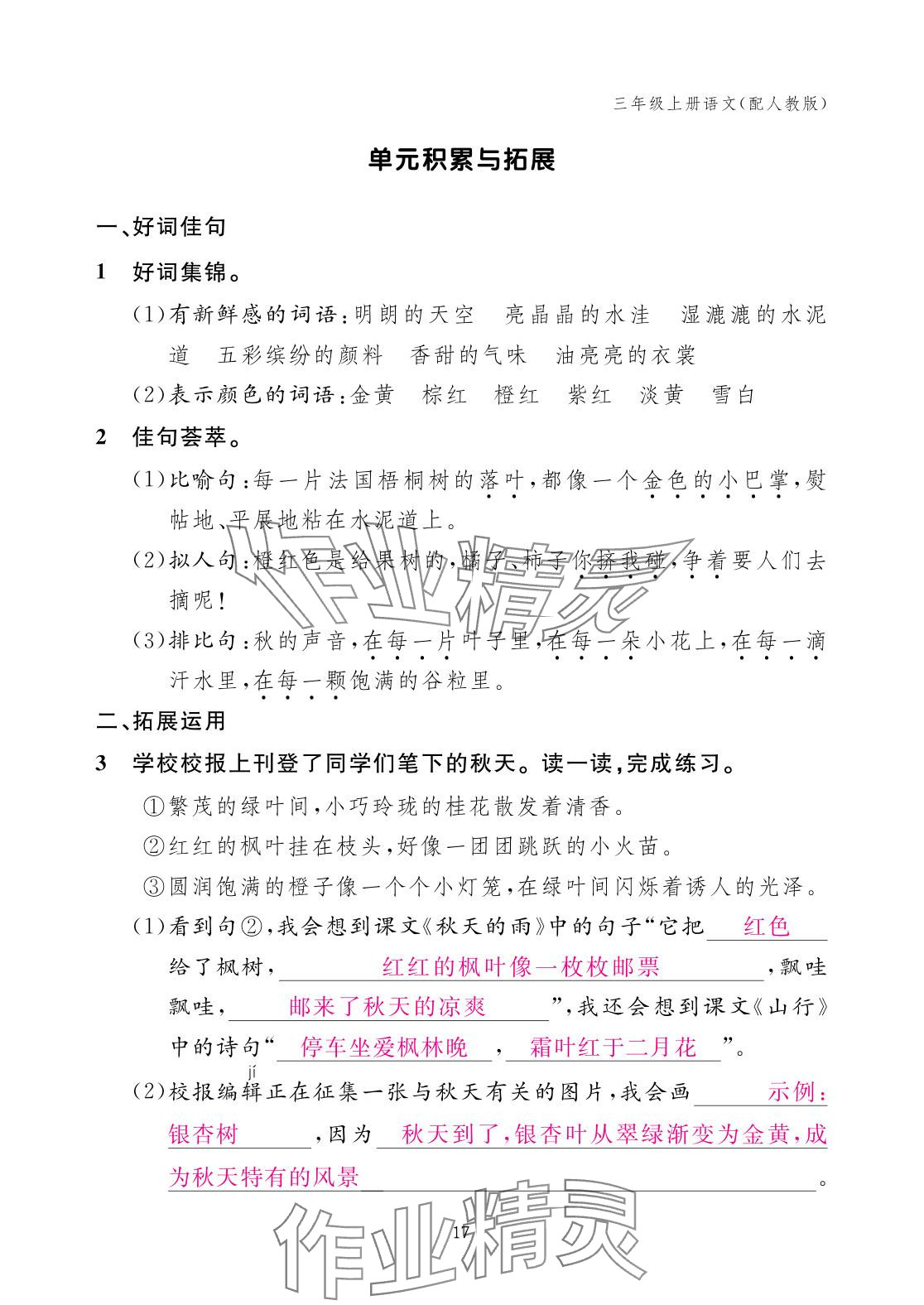 2025年作业本江西教育出版社三年级语文上册人教版 参考答案第17页