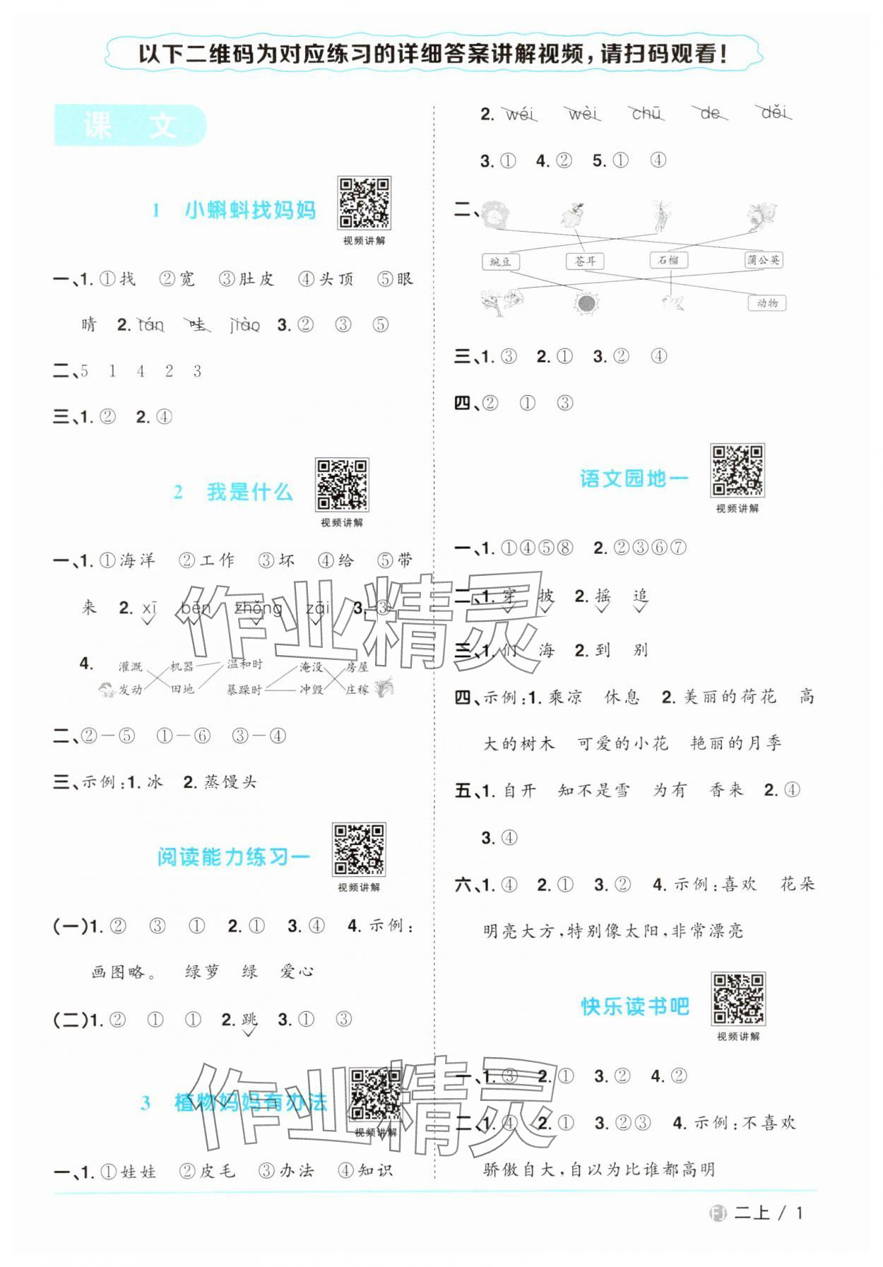 2024年阳光同学课时优化作业二年级语文上册人教版福建专版 参考答案第1页