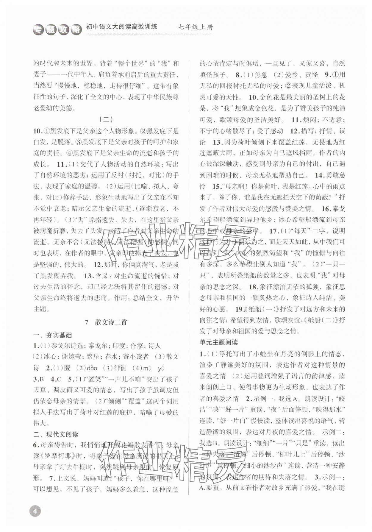 2024年初中語文大閱讀高效訓(xùn)練七年級上冊人教版浙江專版 參考答案第4頁