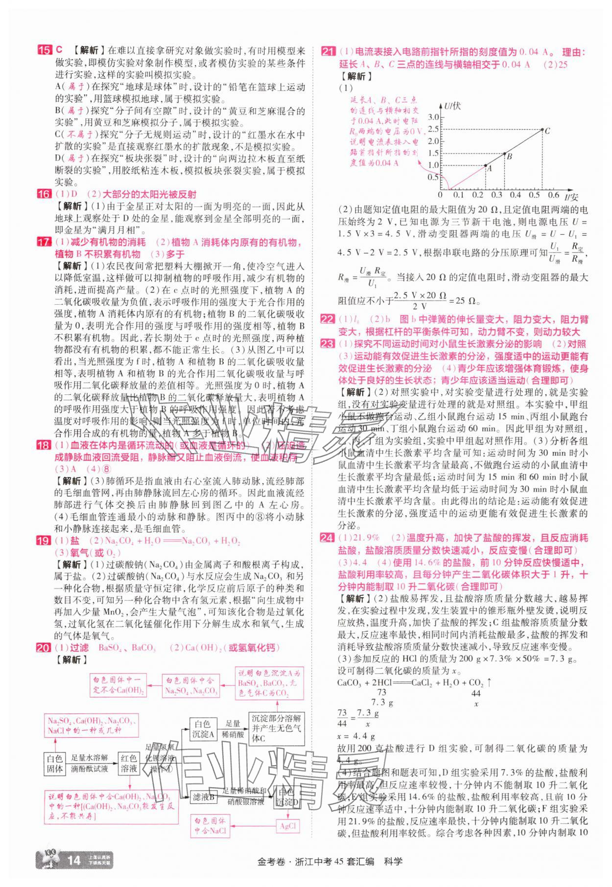 2025年金考卷浙江中考45套匯編科學浙江專版 參考答案第14頁