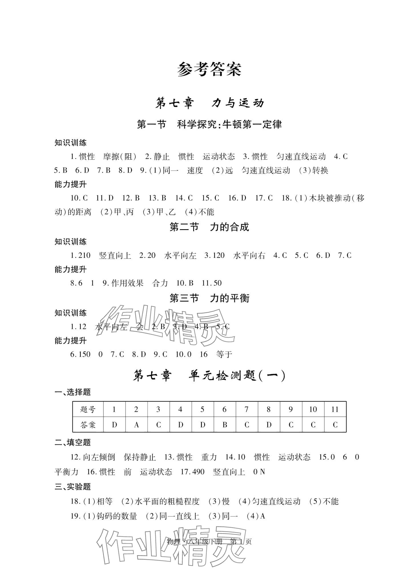 2024年自主学习指导课程与测试八年级物理下册人教版 第1页