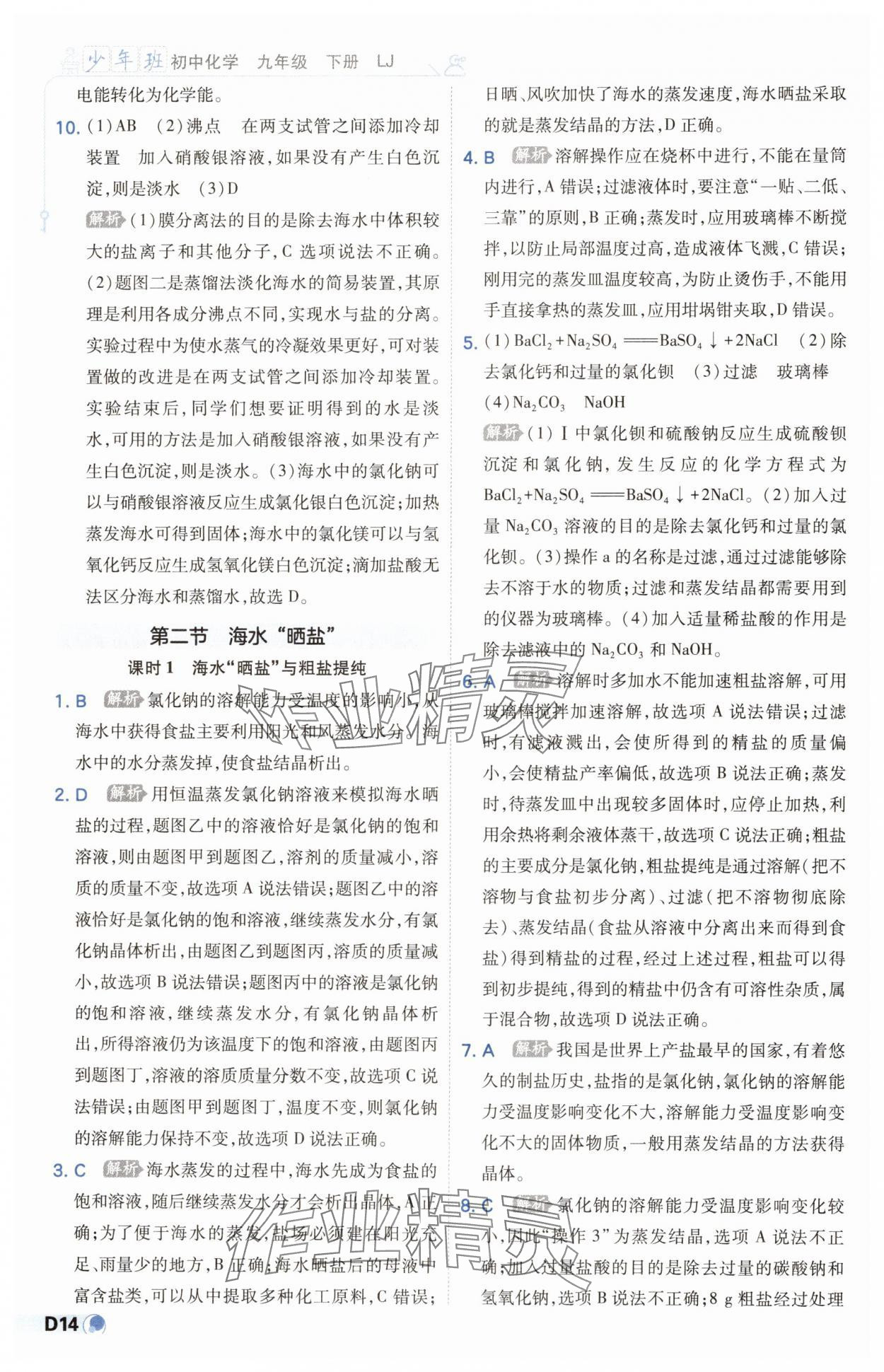 2025年少年班九年級化學下冊魯教版 參考答案第14頁