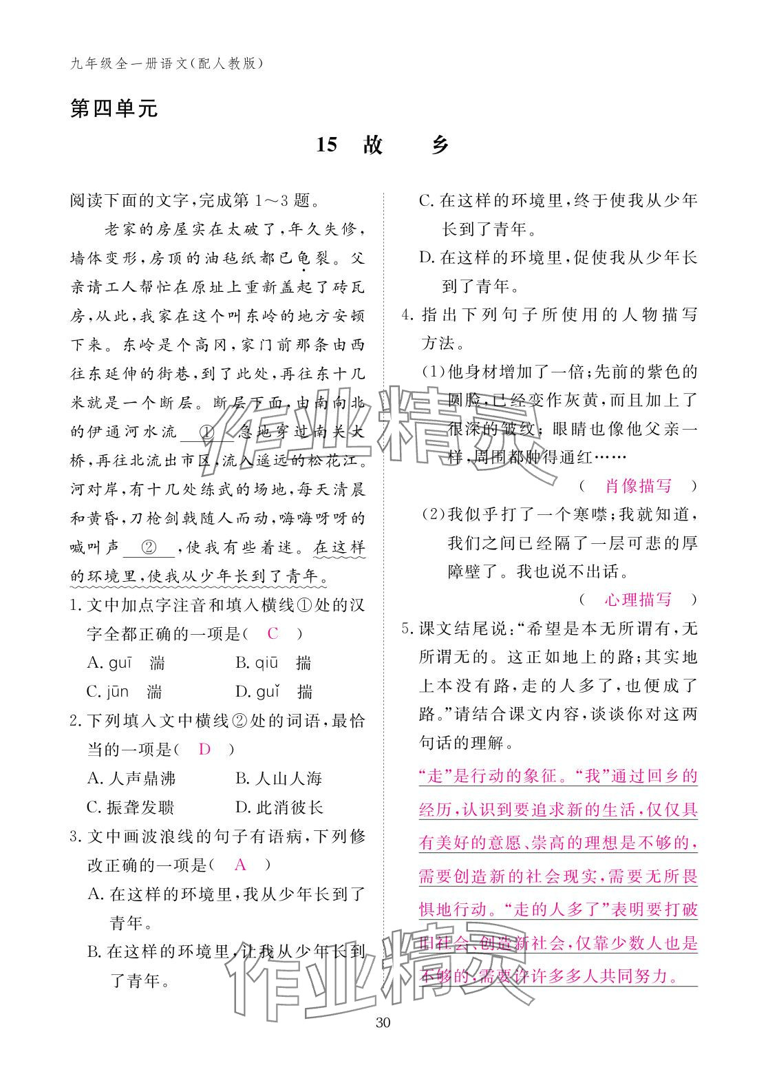 2025年作业本江西教育出版社九年级语文全一册人教版 参考答案第30页